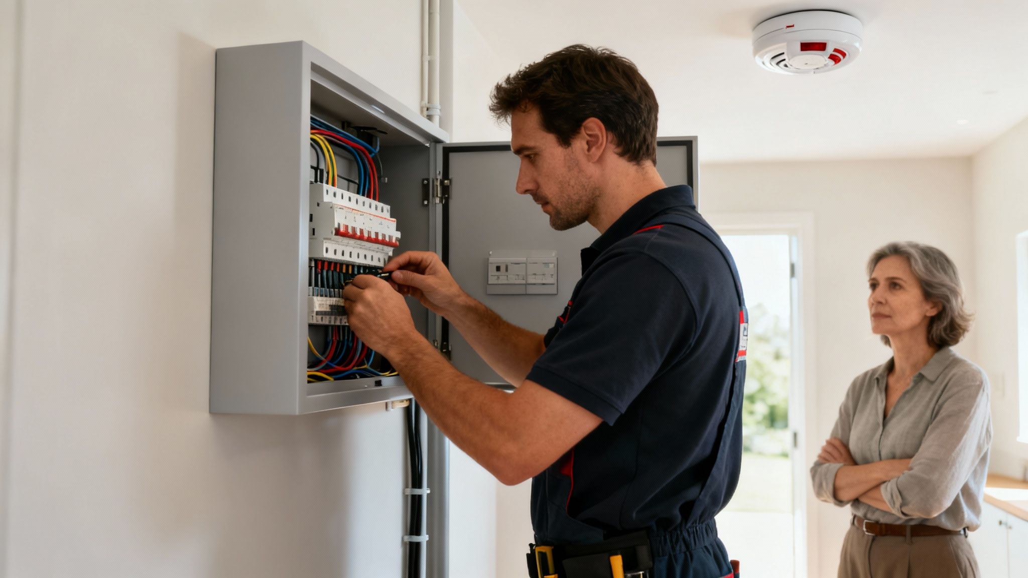 An Electrician In Uniform Is Working On An Electrical Panel, Watched By A Woman.