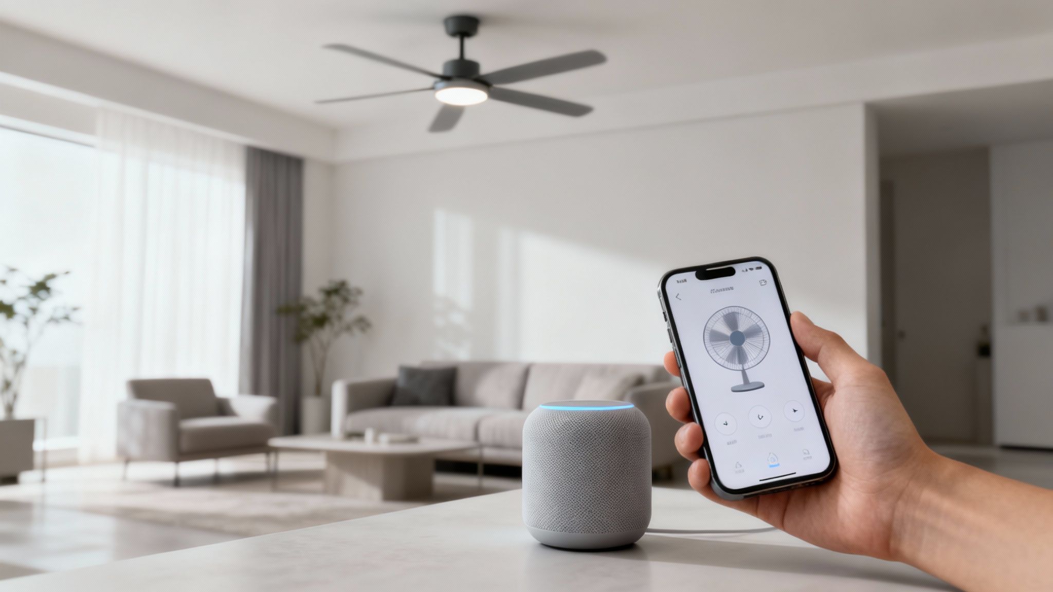 A Person Using A Smartphone To Control A Modern Ceiling Fan
