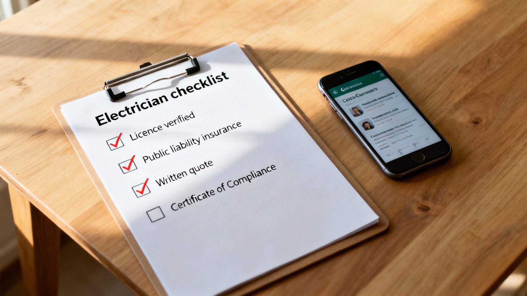 Electrician Checklist On A Clipboard With Verified License, Insurance, And Written Quote, Next To A Phone.