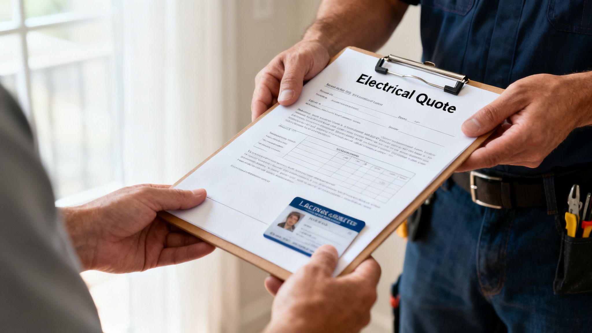 A Contractor Wearing A Blue Shirt Hands An Electrical Quote Form And Id Badge To A Customer.