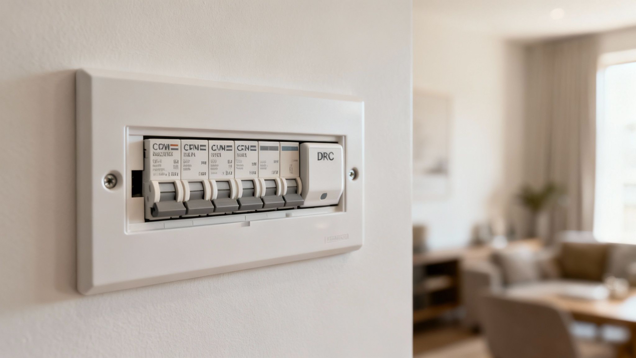 Close-Up Of A White Electrical Fuse Box With Multiple Circuit Breakers On A Light Wall, With A Blurred Modern Interior In The Background.