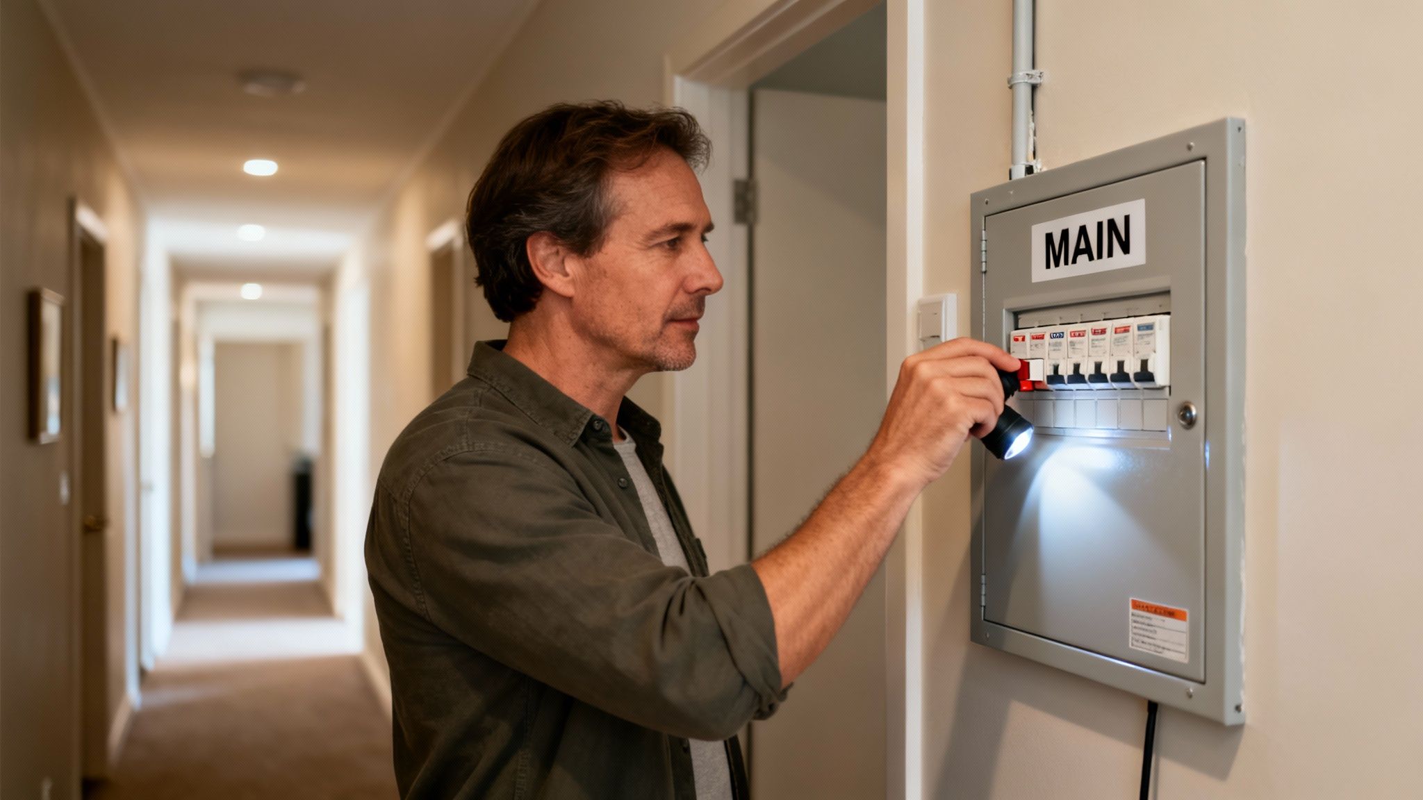 A Man Shines A Flashlight On A Home'S Main Electrical Panel, Checking Circuit Breakers.