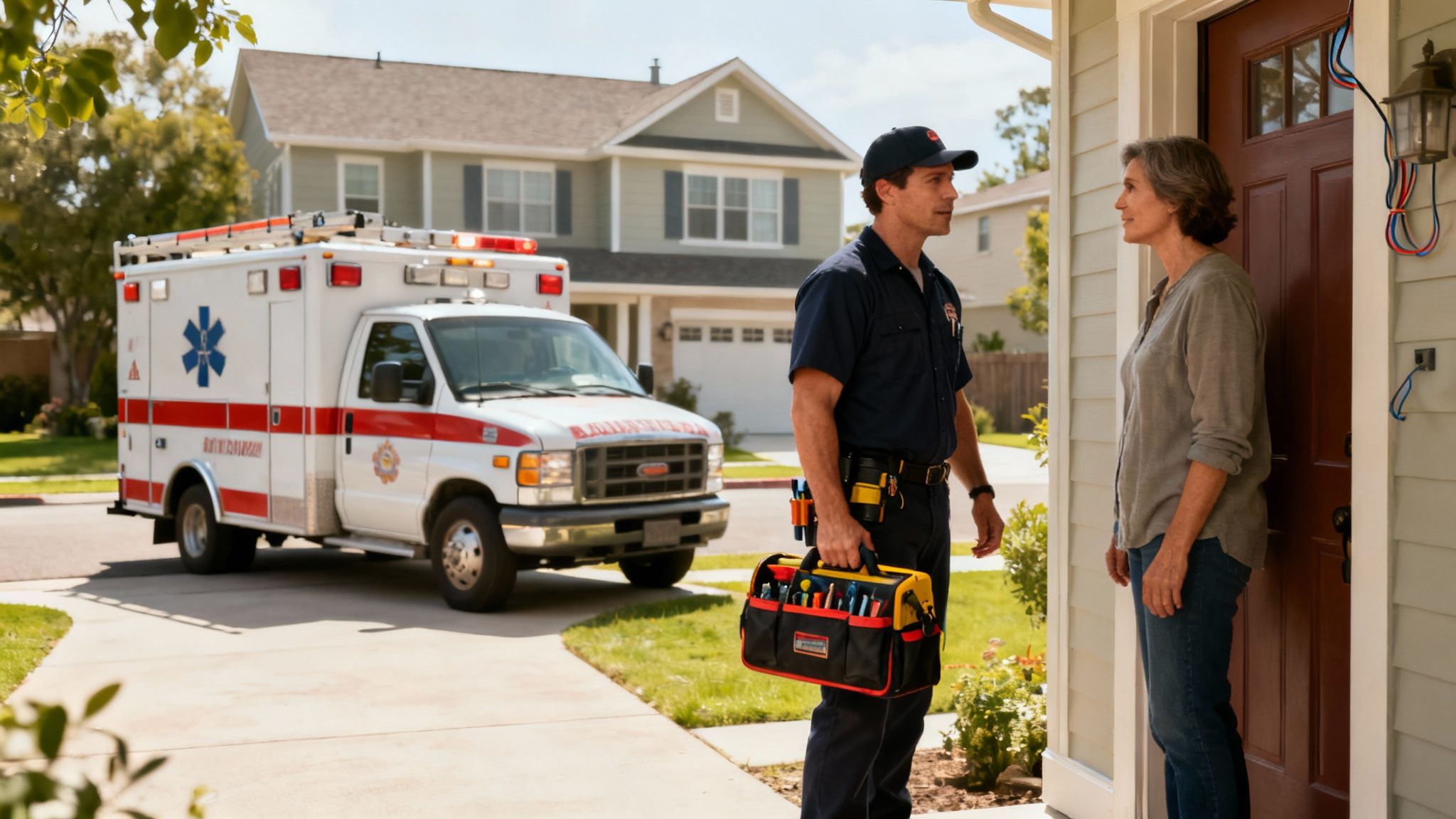 An Electrician Holding A Toolbox Talks To A Woman At Her Home'S Front Door, With An Ambulance In The Background.