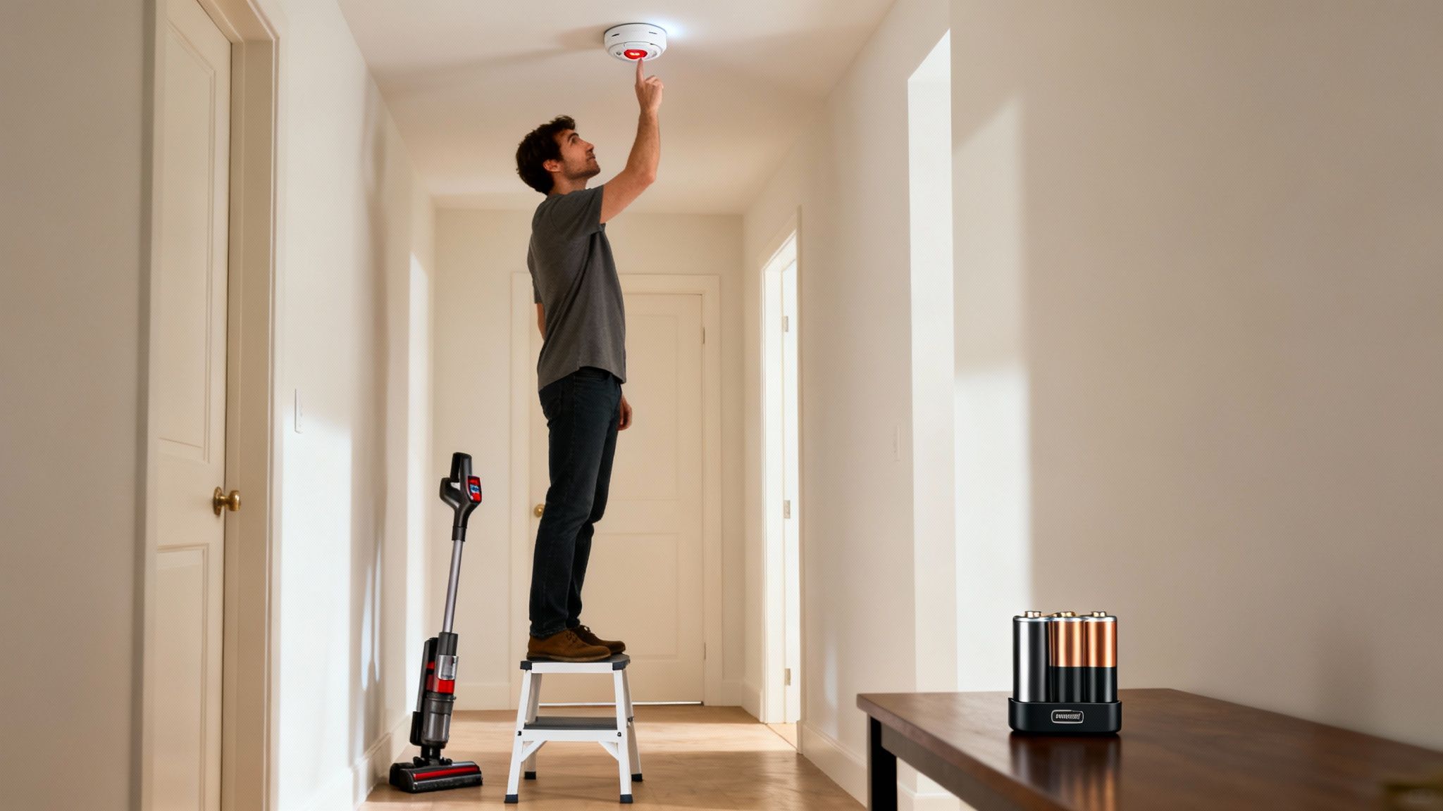 A Man On A Step Stool Tests A Smoke Alarm In A Hallway, Ensuring Home Safety.