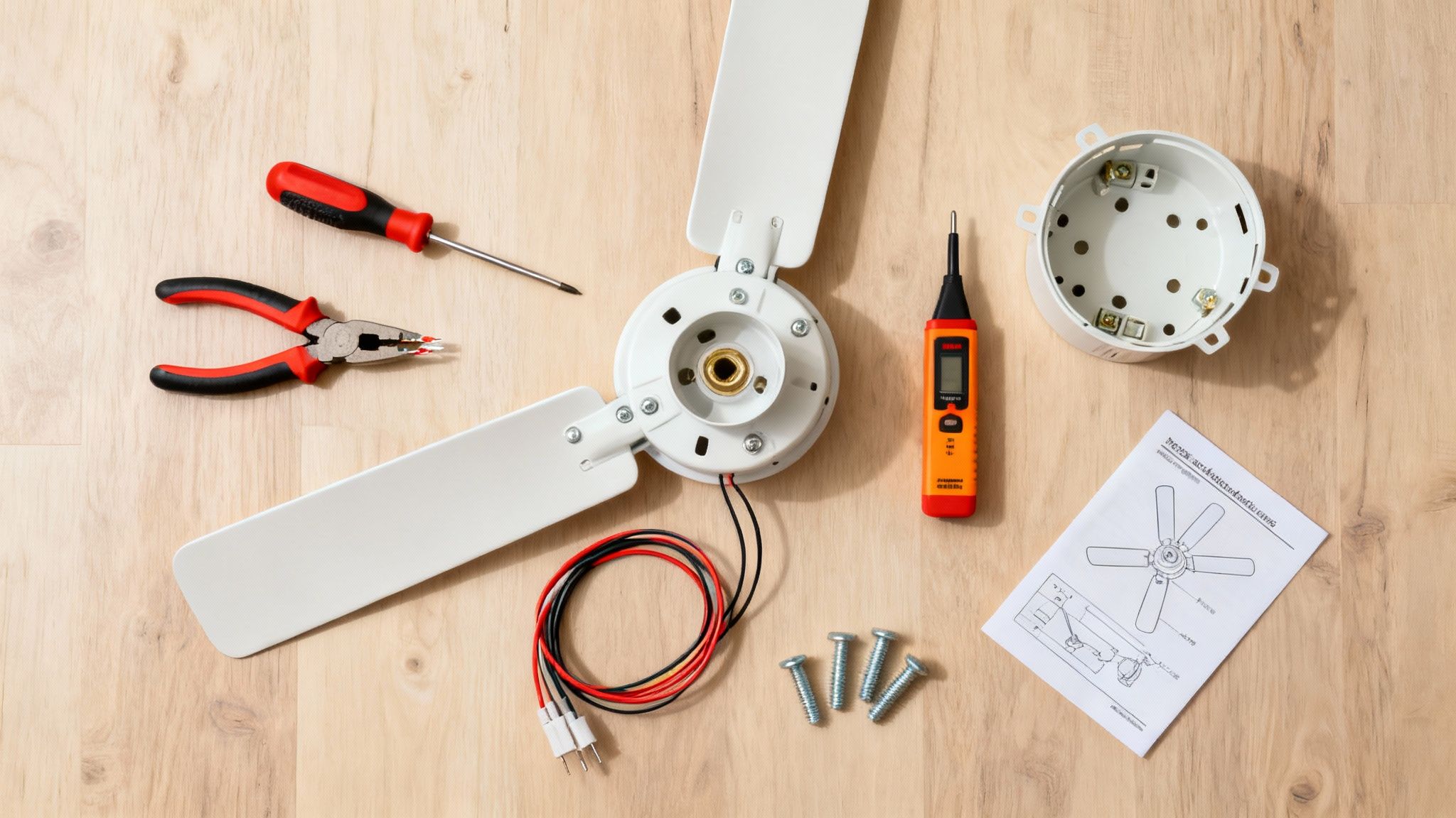 A Collection Of Essential Tools For Ceiling Fan Installation Laid Out Neatly On A Wooden Surface.
