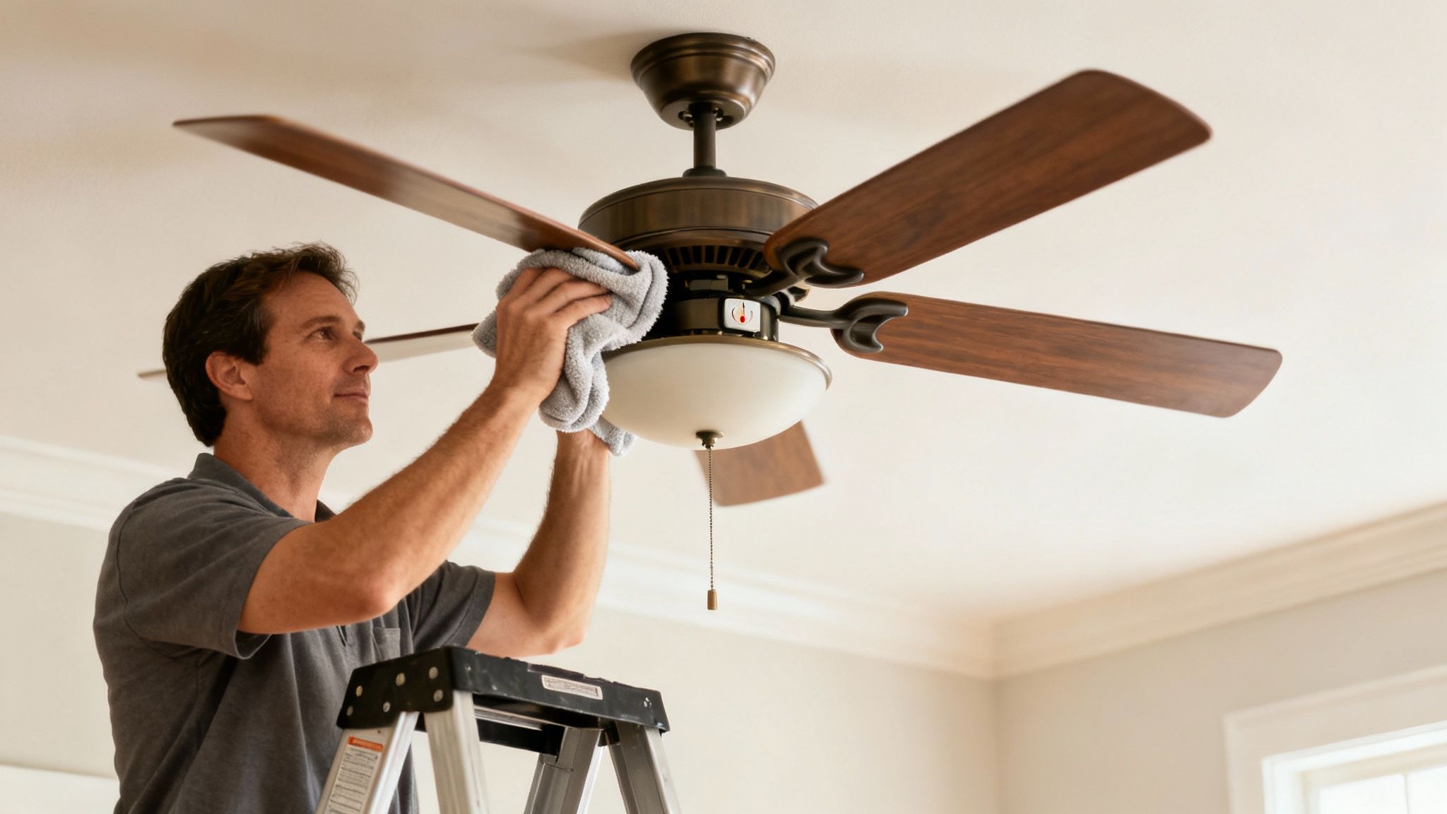 Smiling Man On A Ladder Carefully Cleaning A Dusty Ceiling Fan With A Light.