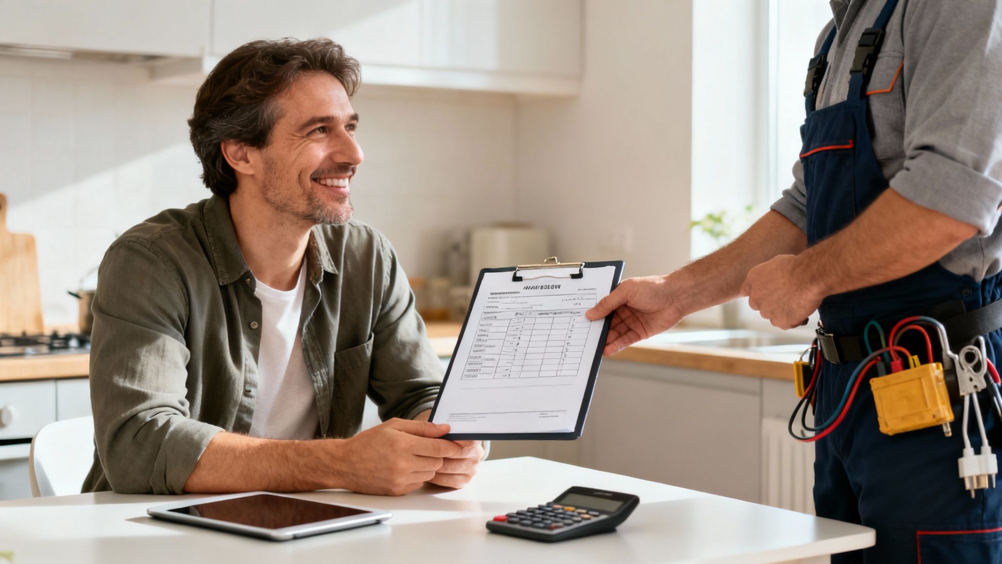 Smiling Man Reviews A Service Document From An Electrician In A Modern Kitchen.