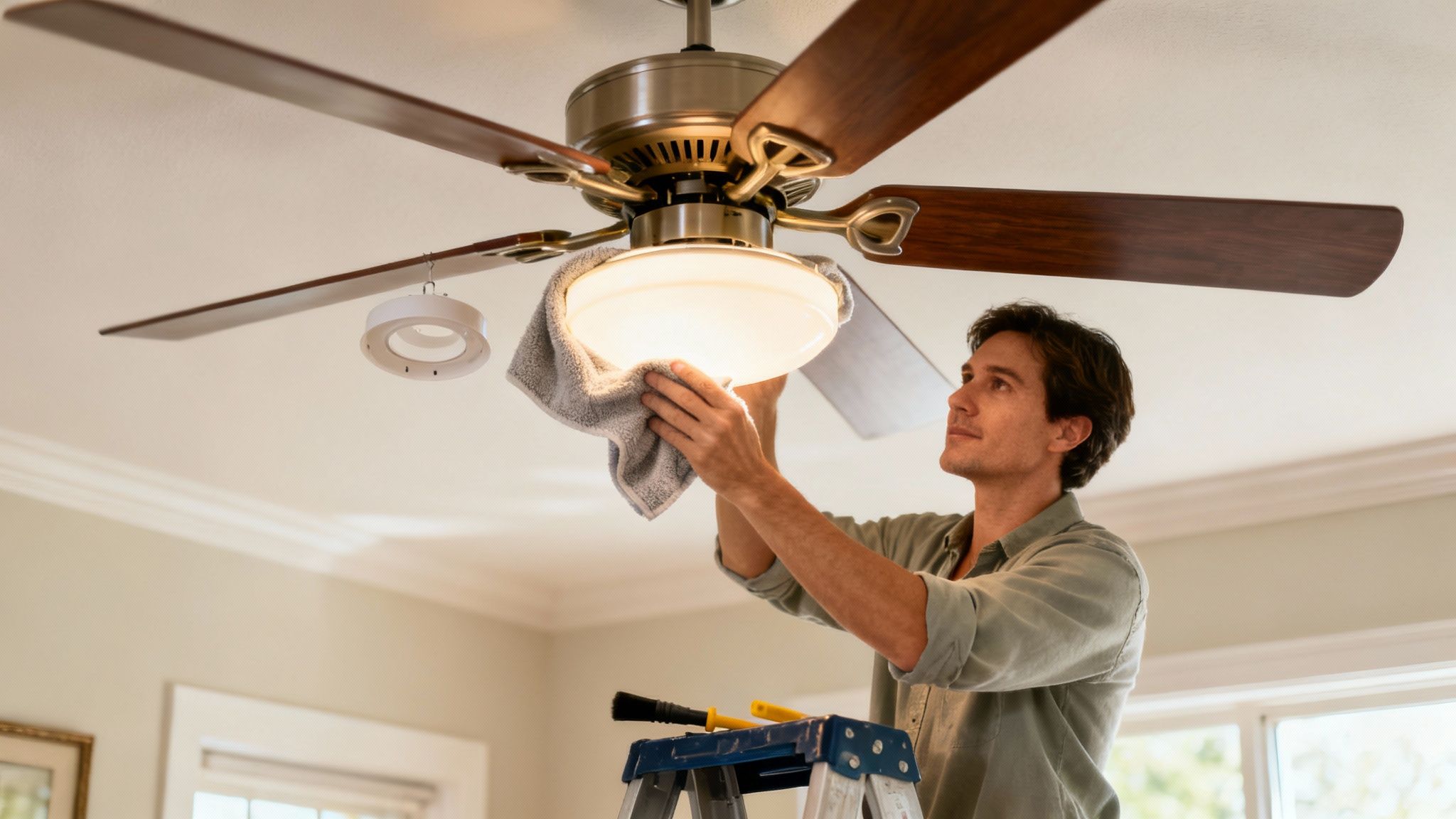 A Man On A Ladder Carefully Wiping Down A Dusty Ceiling Fan Light Fixture With A Cloth.