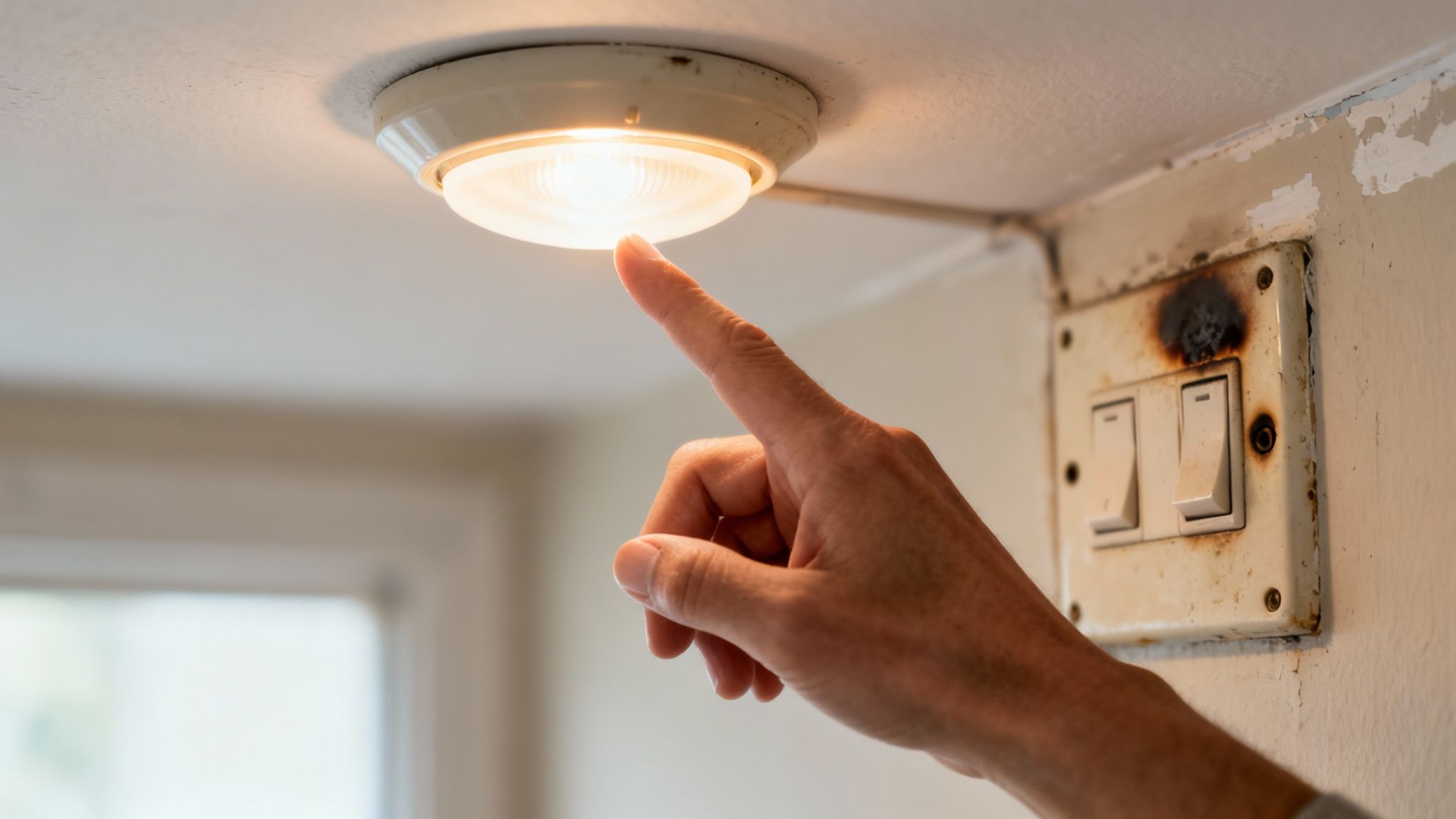 Hand Pointing At A Bright Ceiling Light Next To A Damaged Electrical Switchboard With Burn Marks.