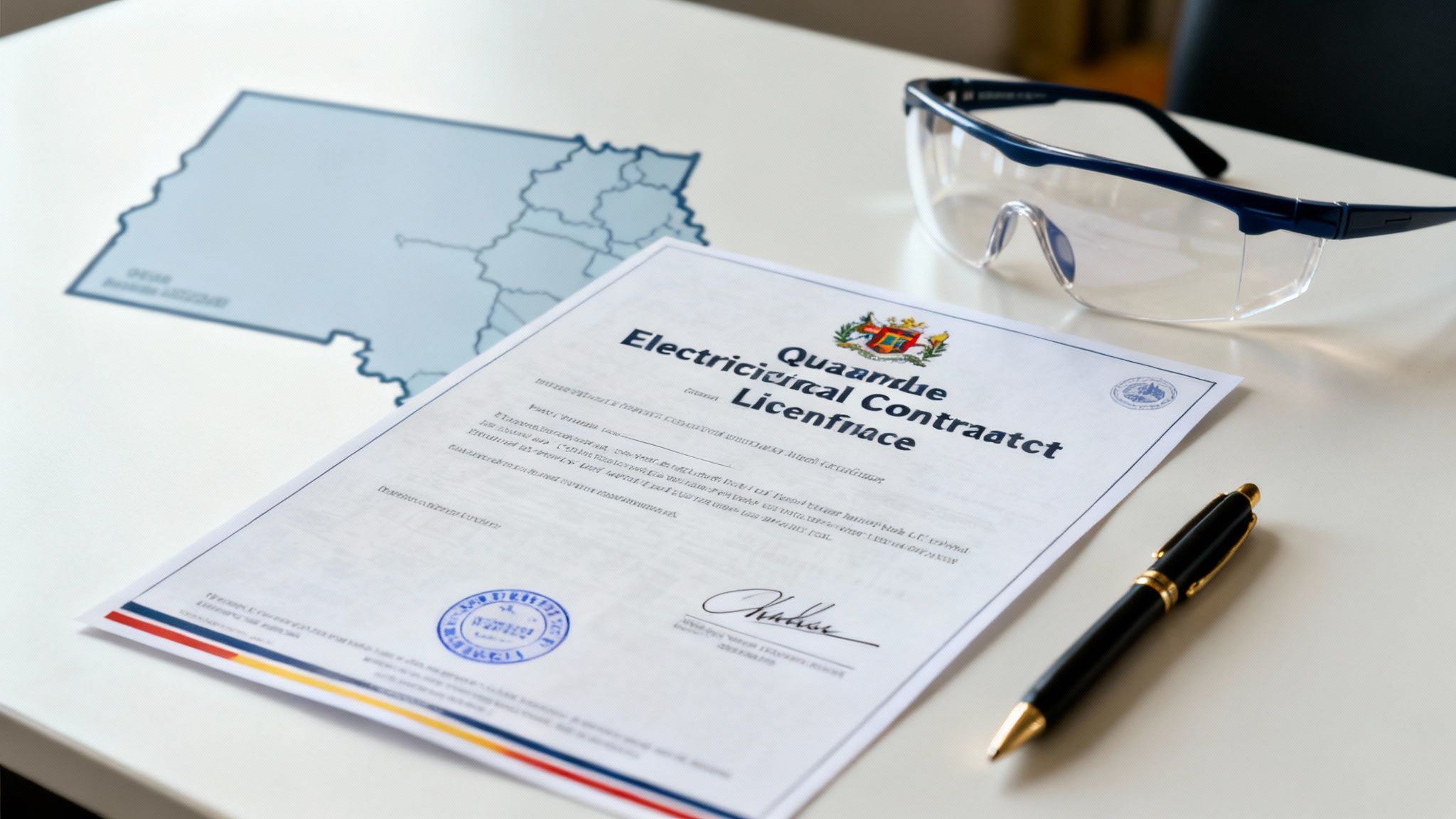 An Electrical Contract Or License Document, Safety Glasses, A Pen, And A Map On A White Table.