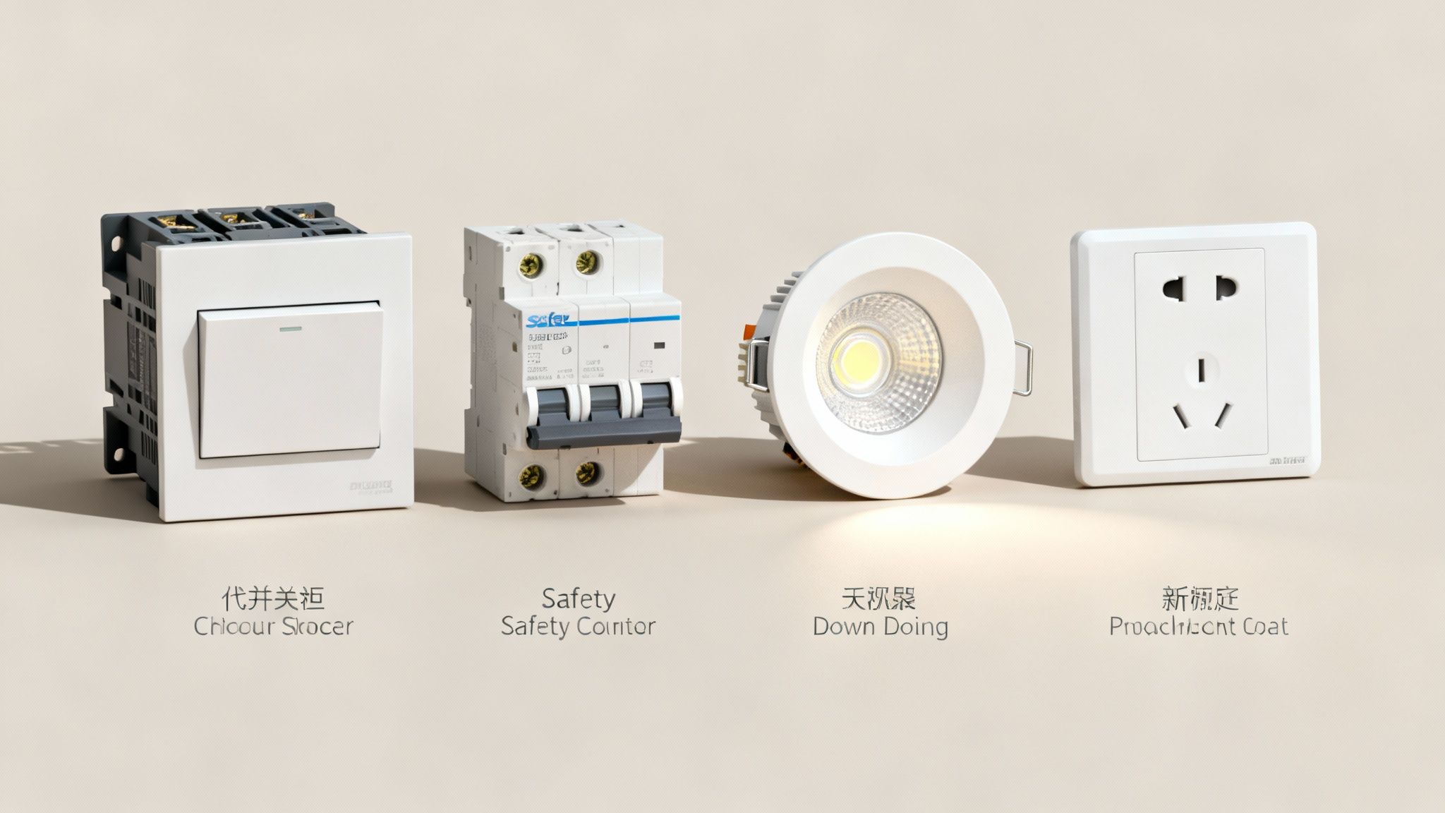 A Collection Of Essential Electrical Supplies Including A Light Switch, Circuit Breaker, Led Downlight, And Power Outlet.