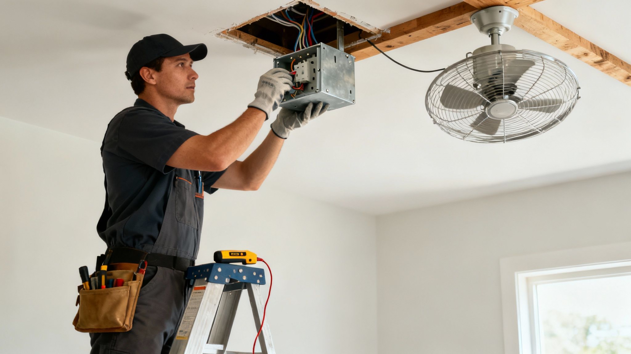 A Close-Up Of An Electrician'S Hands Safely Connecting Wires Inside A Ceiling Junction Box.