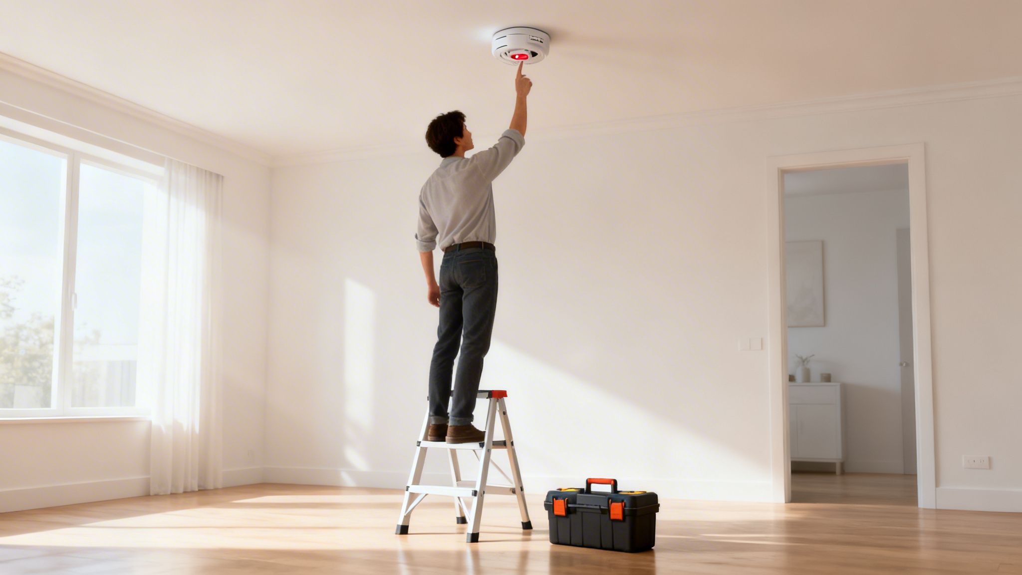 A Man On A Ladder Tests A White Smoke Detector On A Ceiling In A Bright, Modern Room.