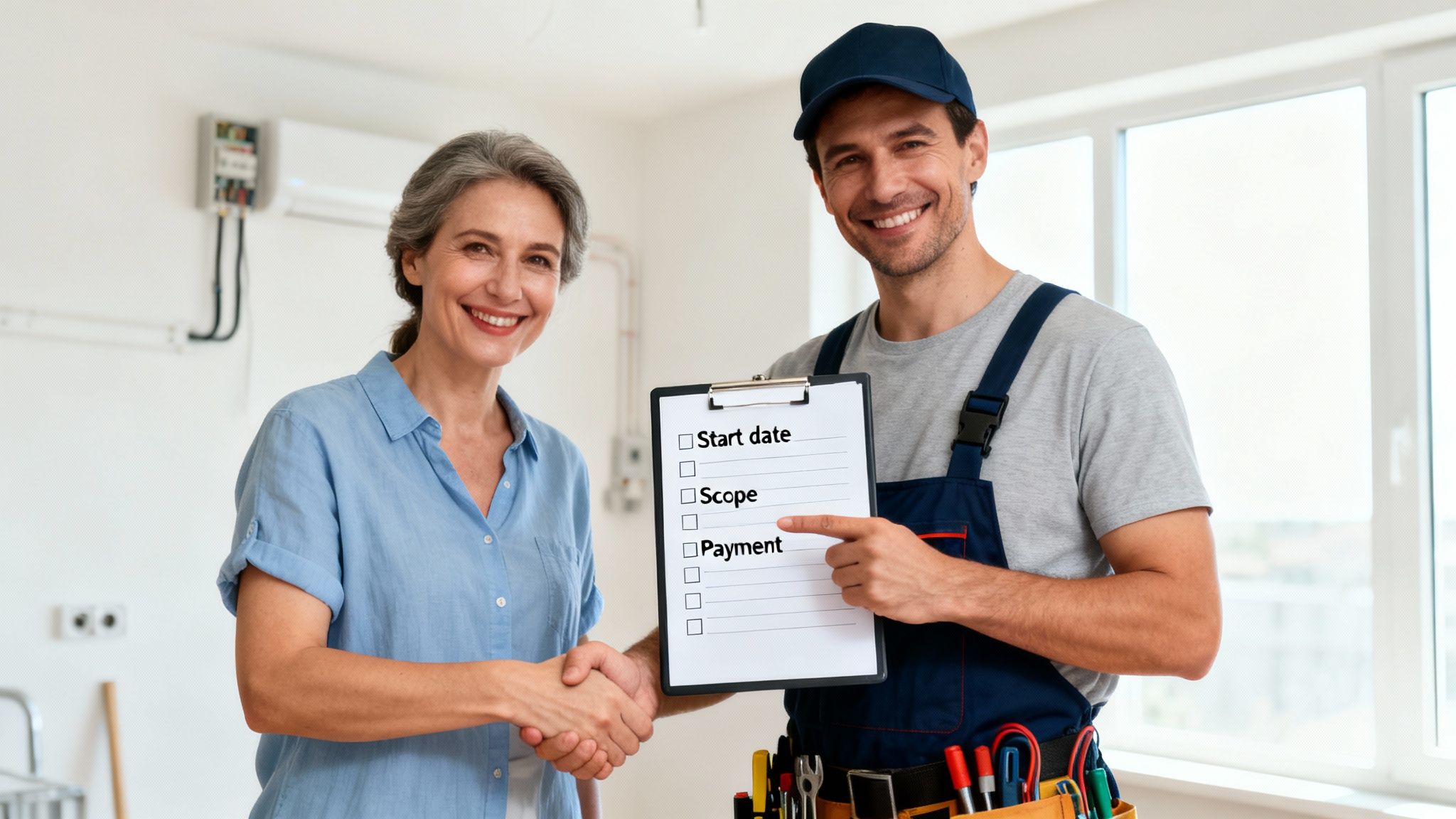 A Smiling Woman Shakes Hands With A Technician Holding A Checklist About Start Date, Scope, And Payment.