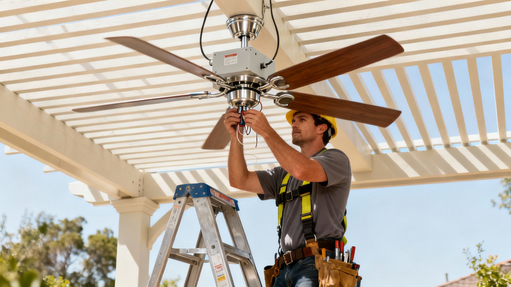 A Worker On A Ladder Installs An Outdoor Ceiling Fan Under A White Pergola On A Sunny Day.
