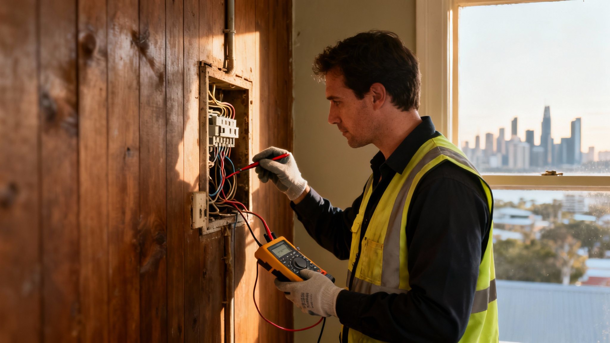 A Male Electrician In A Safety Vest Uses A Multimeter To Check A Circuit Breaker On A Wooden Wall.