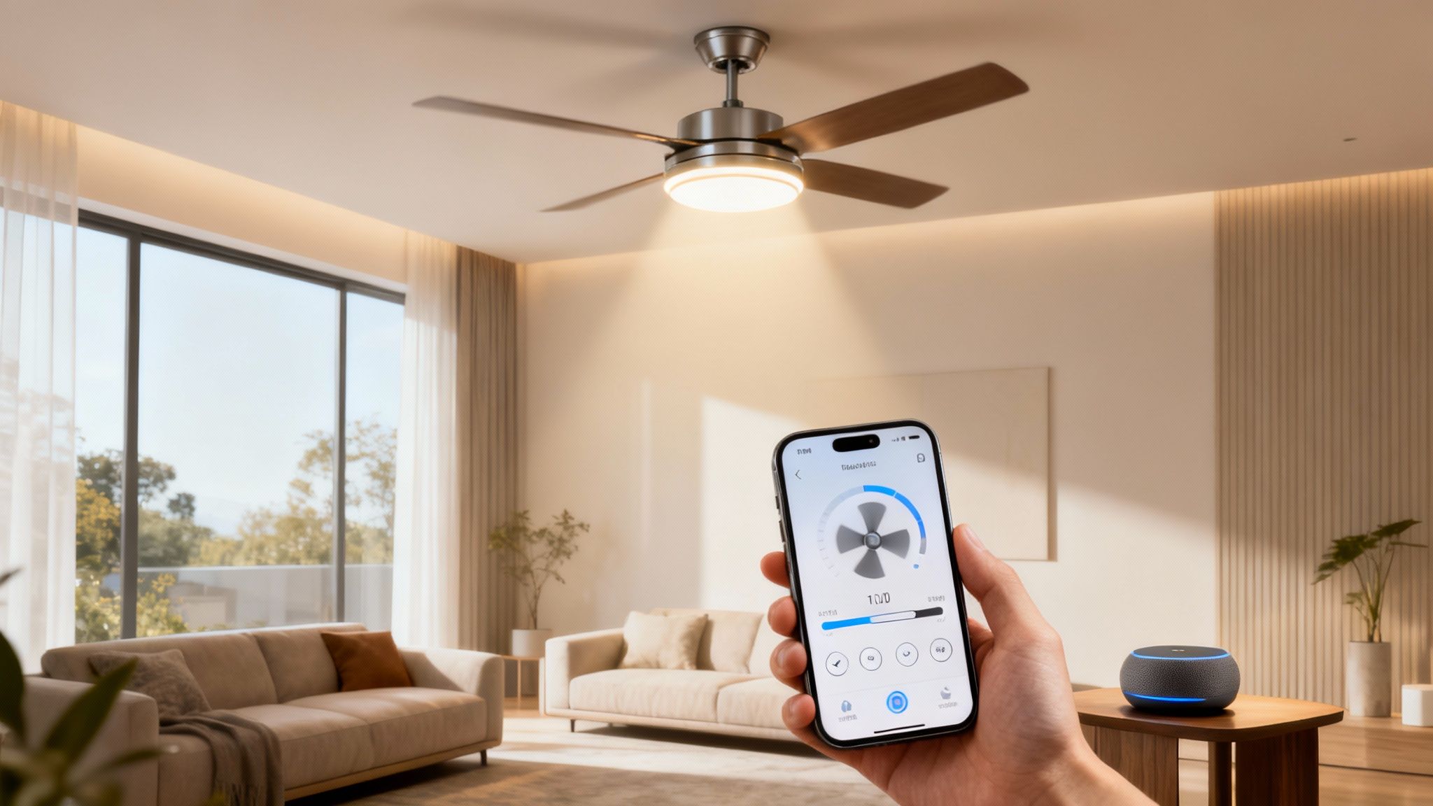 Hand Holding Smartphone Controlling A Smart Ceiling Fan With Light In A Modern Living Room.