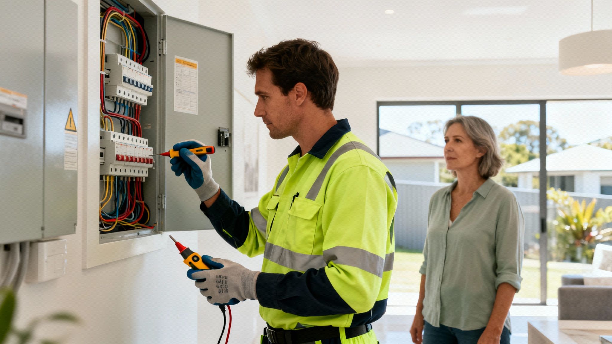 An Electrician In A High-Visibility Vest Tests A Home'S Electrical Panel While A Woman Watches.
