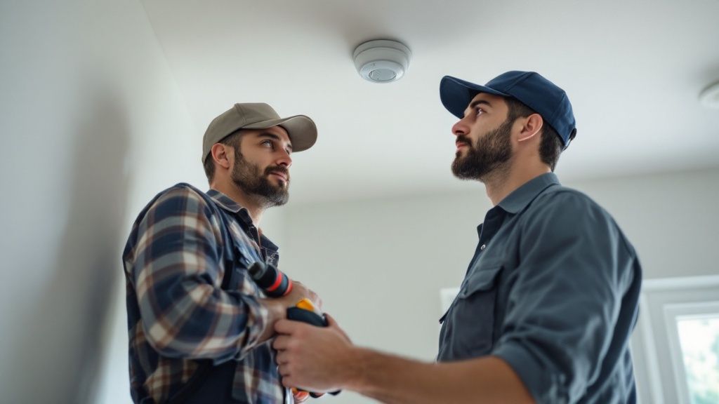 Smoke Detector Installation Cost In Australia | Get A Free Quote 4 A Close-Up Of A Smoke Detector Being Installed On A Ceiling, With The Electrician'S Hands Visible.