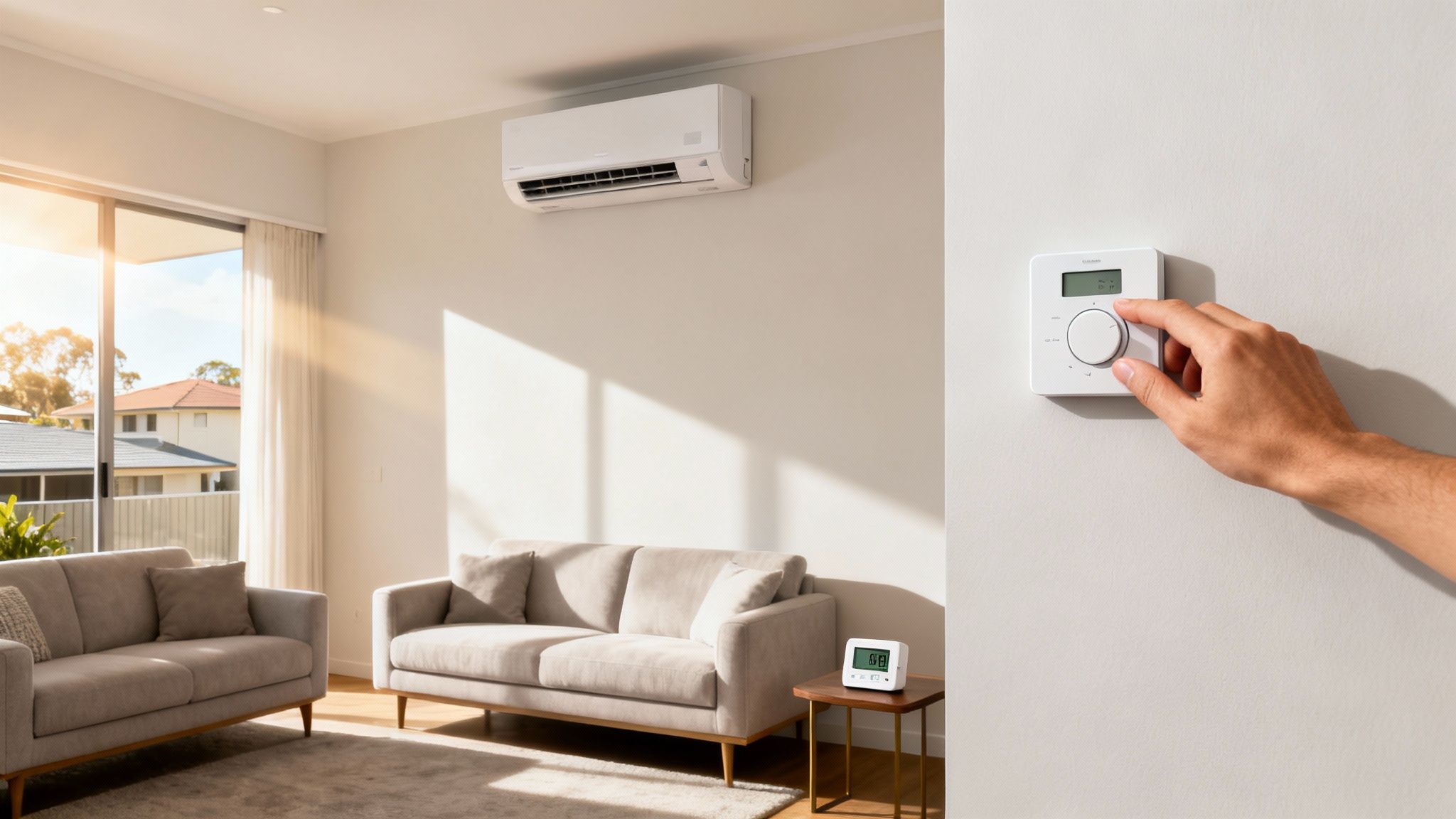 Modern Living Room With A Wall-Mounted Air Conditioner And A Hand Adjusting A Smart Thermostat.