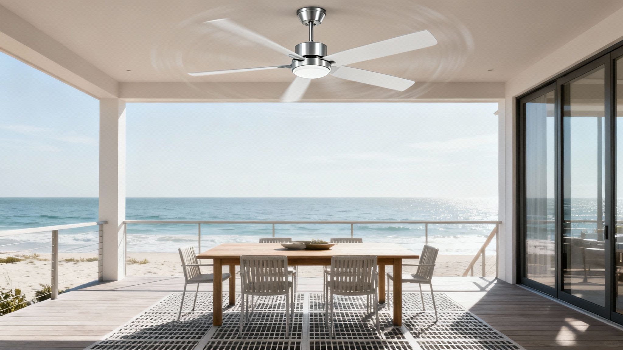 Outdoor Patio With A Modern Ceiling Fan, Dining Set, And A Stunning Beach And Ocean View.