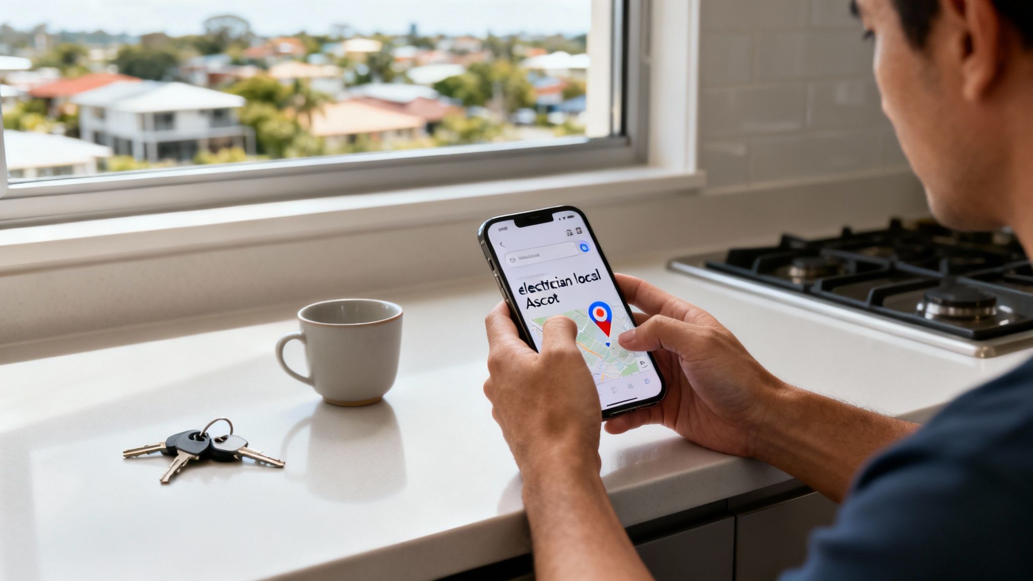 A Man Searches For A Local Electrician On His Smartphone In A Modern Kitchen.