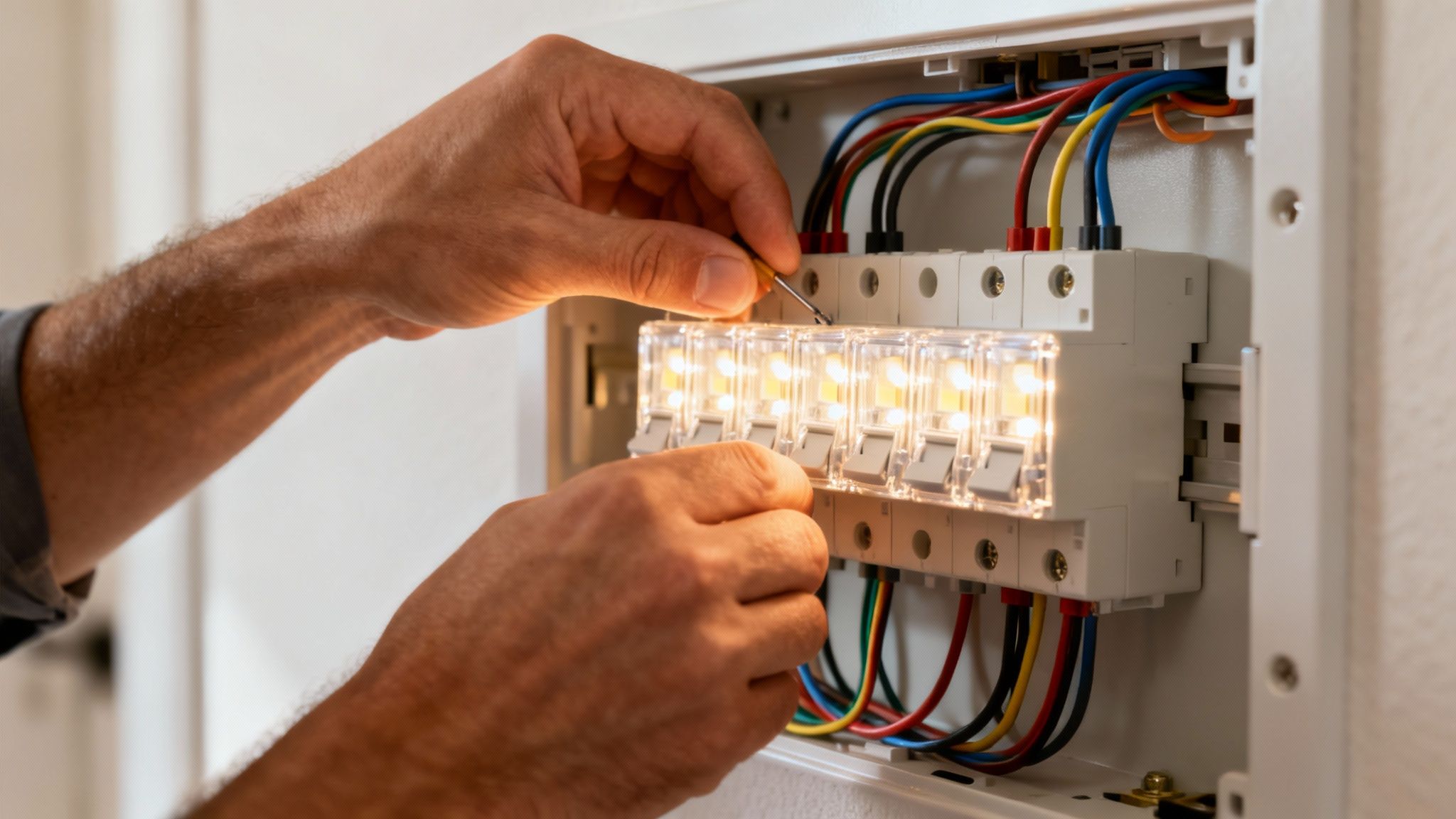A Licensed Brisbane Electrician Working On A Residential Switchboard, Showcasing Professional Services.