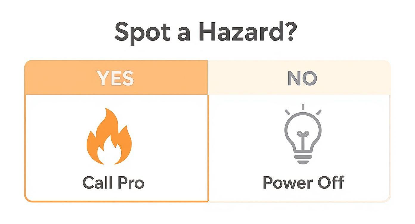 A Safety Guide For Spotting Electrical Hazards: Yes With A Fire Icon Means Call Pro, No With A Lightbulb Means Power Off.