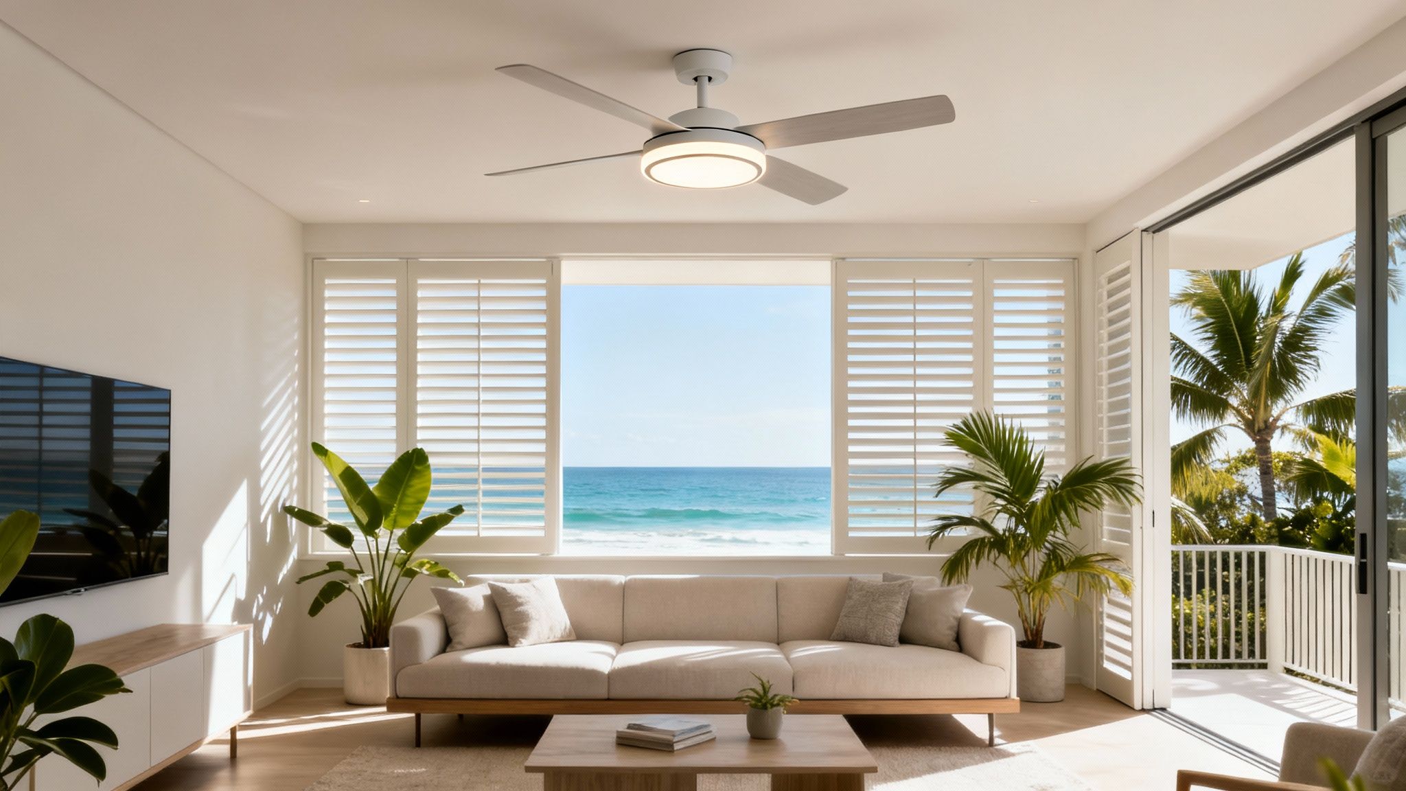 A Bright Modern Living Room With A Ceiling Fan, Sofa, Plants, And An Ocean View.