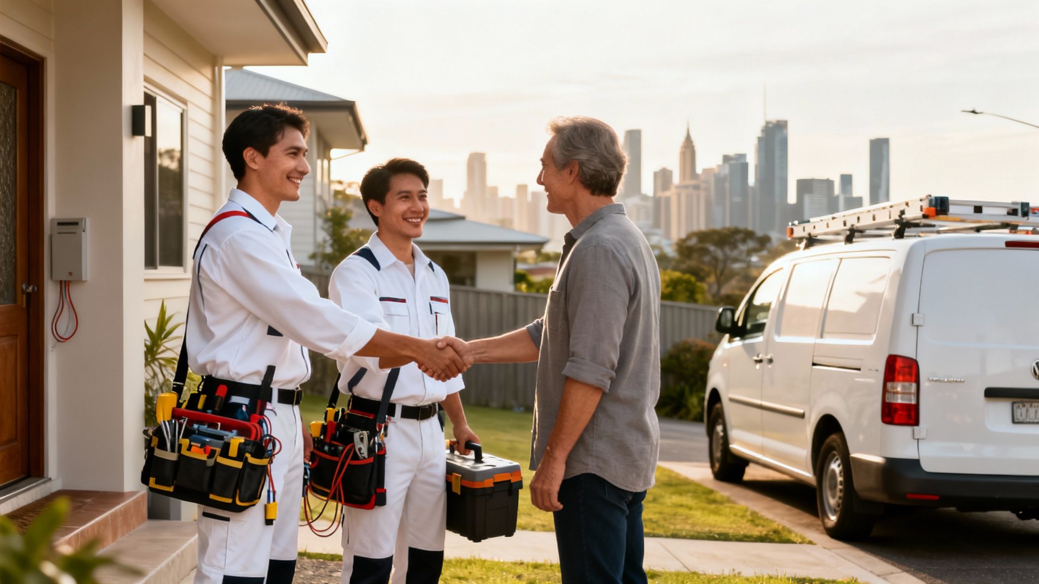 Two Professional Electricians In Uniform Shaking Hands With A Happy Customer Outside A House, With A Service Van And City Skyline In The Background.