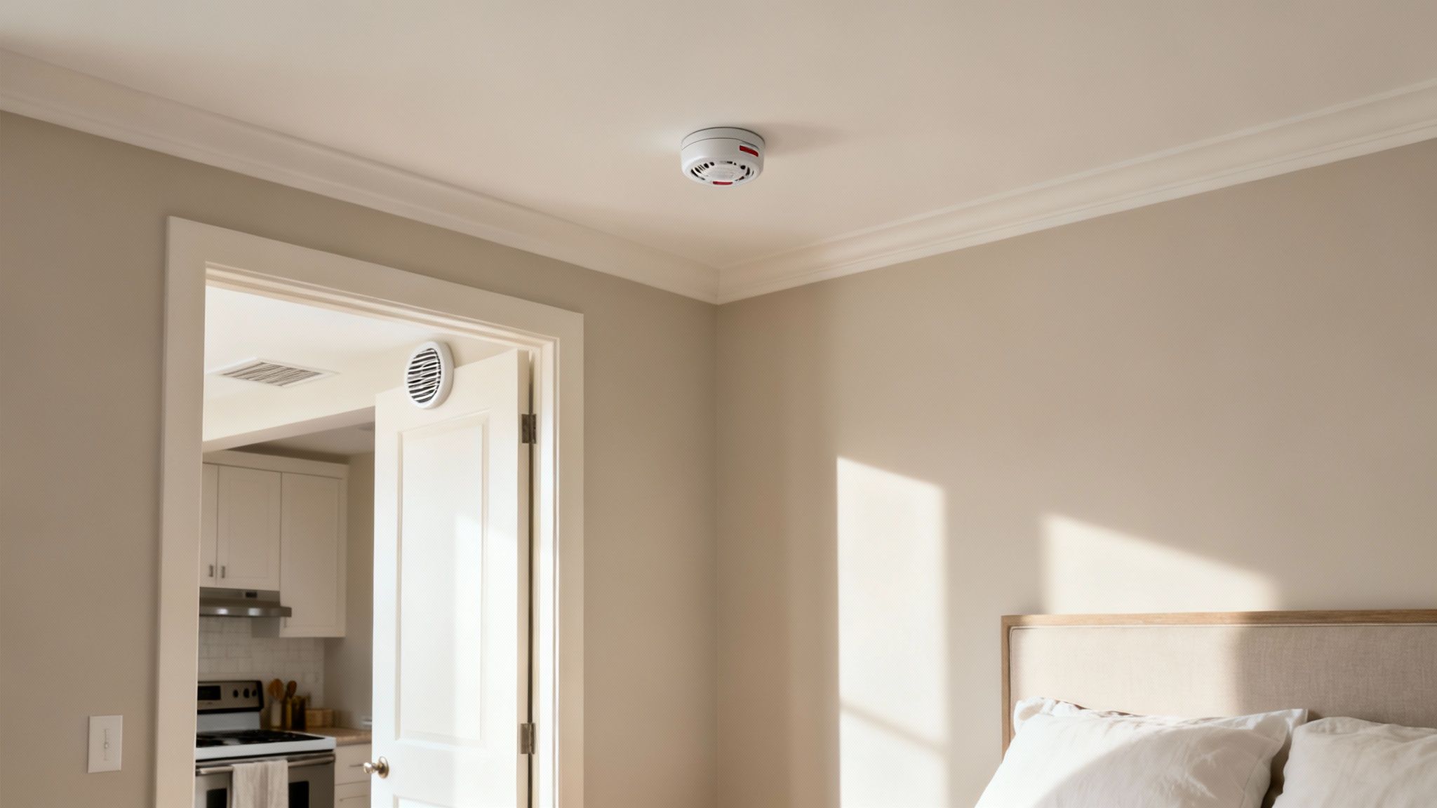 A White Wireless Smoke Detector On A Ceiling, With A View Into A Modern Kitchen.