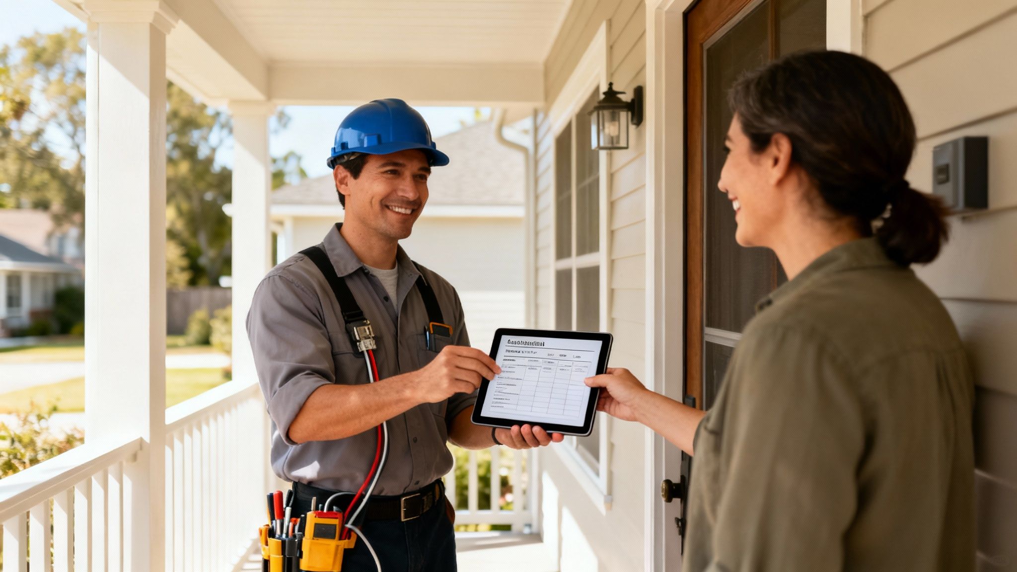 A Friendly Technician In A Hard Hat Shows A Digital Quote To A Smiling Woman On Her Porch.