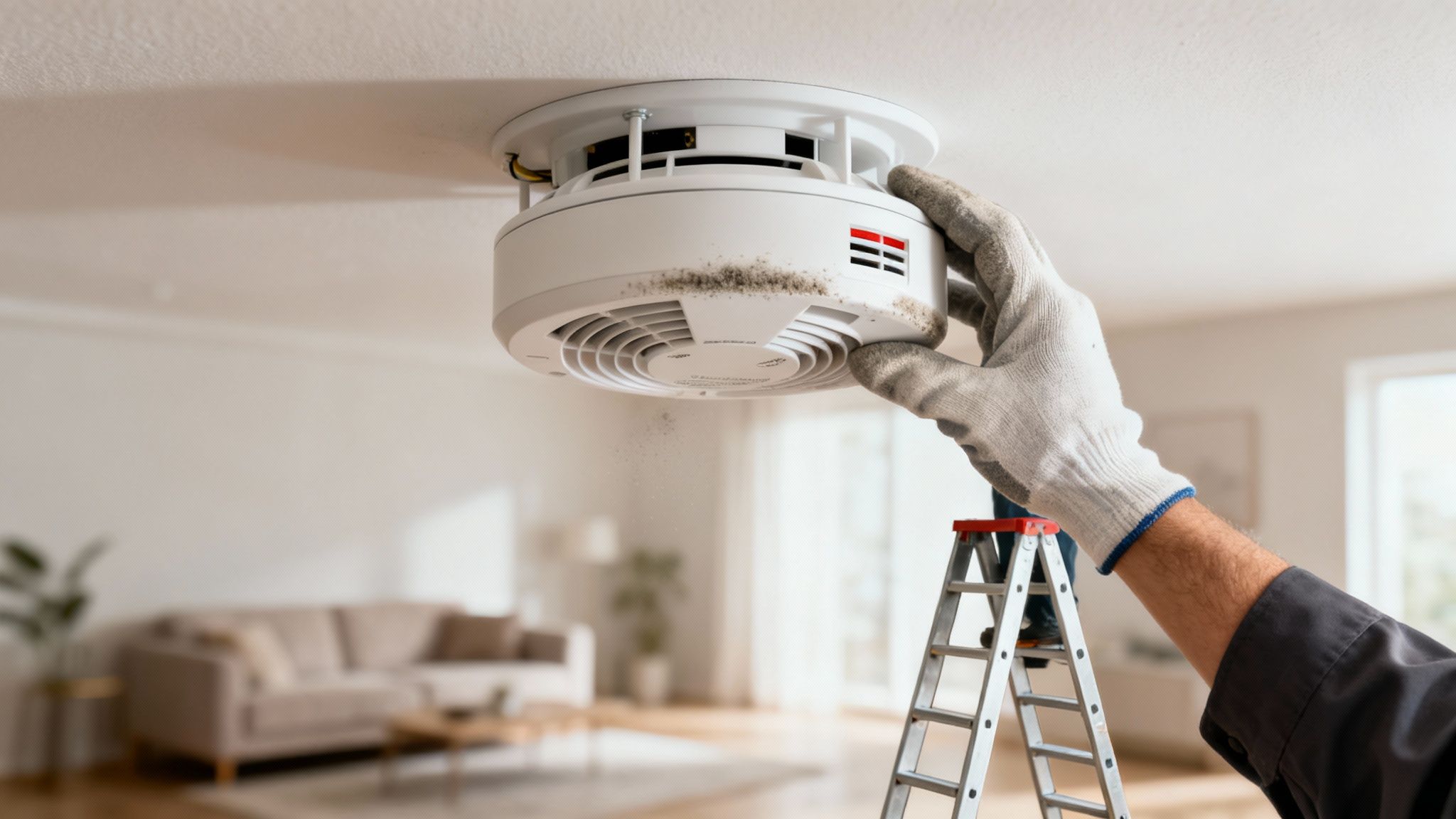 A Person On A Ladder Wearing Gloves, Installing Or Cleaning A Dirty Smoke Alarm On A White Ceiling.