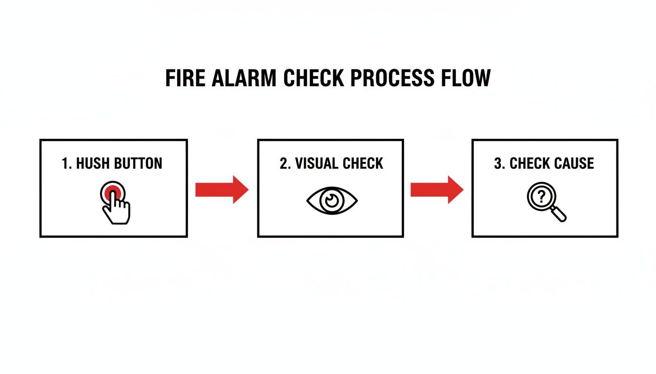 Flowchart Illustrating The Fire Alarm Check Process With Steps: Hush Button, Visual Check, And Check Cause.
