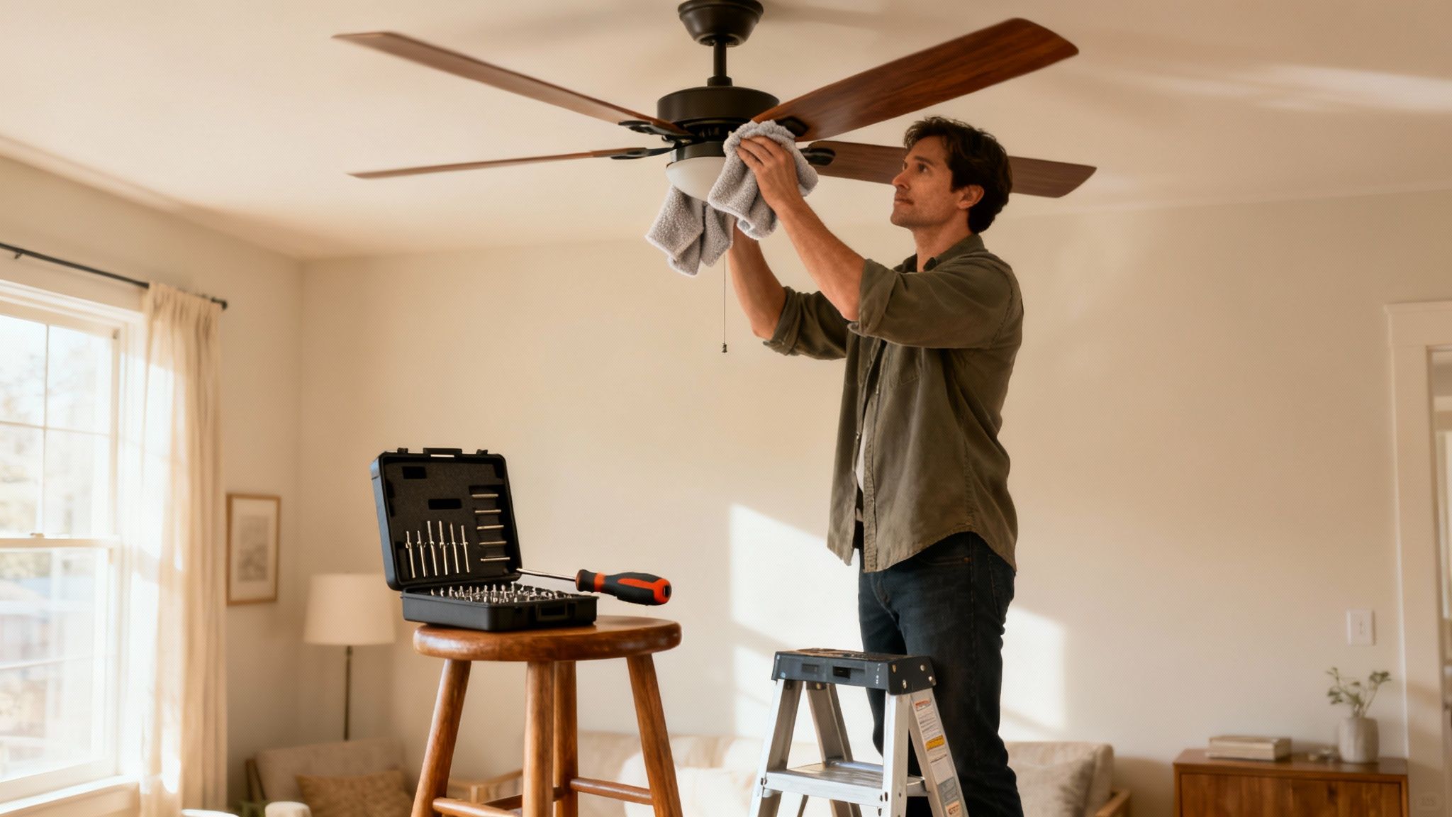 A Man On A Stepladder Carefully Wiping A Ceiling Fan With A Cloth In A Bright Room.