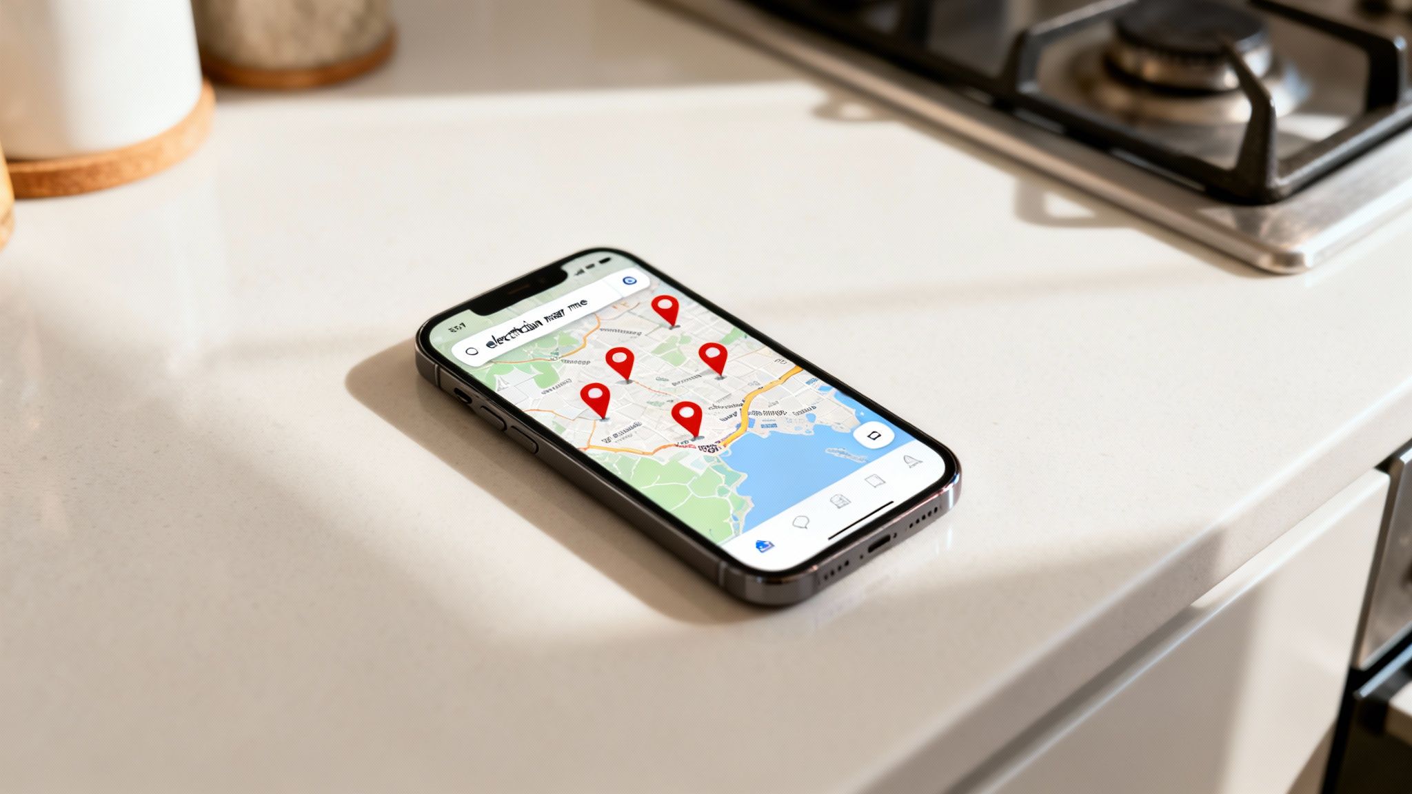A Smartphone On A Kitchen Counter Displays A Map App Showing Multiple Red Pins For 'Electrician Near Me'.