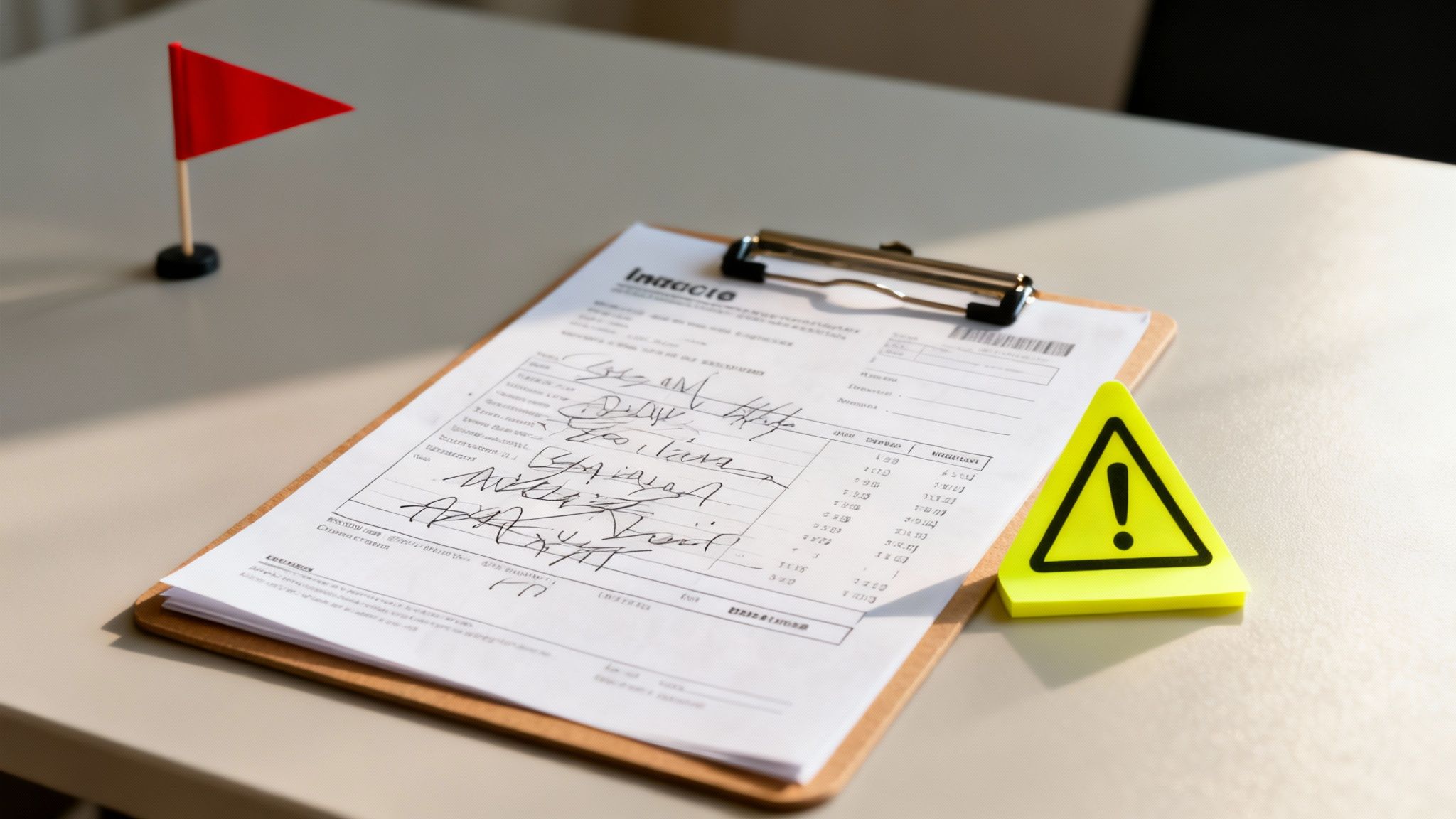 A Document On A Clipboard With Illegible Writing, A Red Flag, And A Yellow Warning Sign On A Light-Colored Desk.