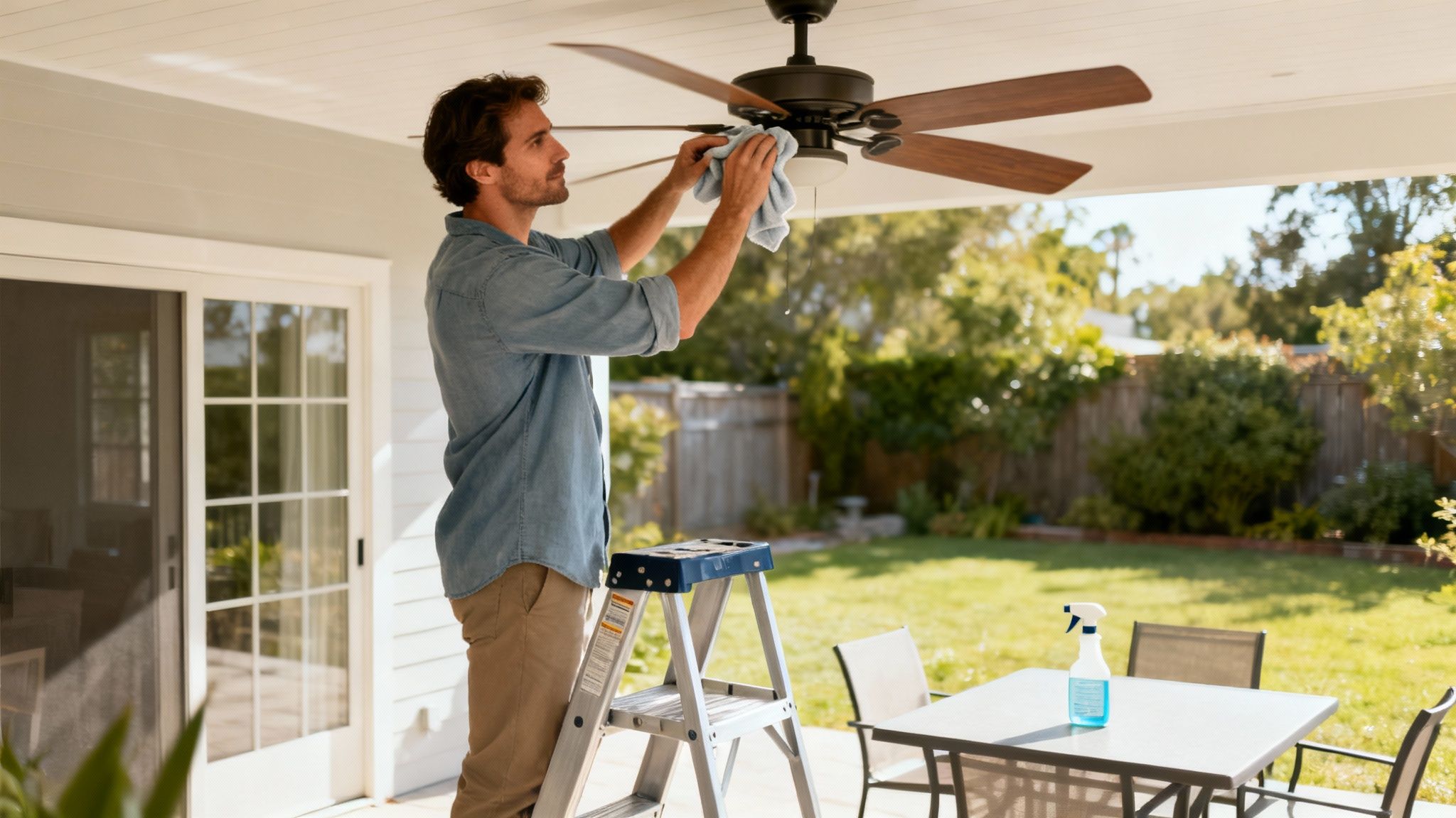 A Man On A Ladder Carefully Cleaning Dust From An Outdoor Ceiling Fan On A Sunny Patio.