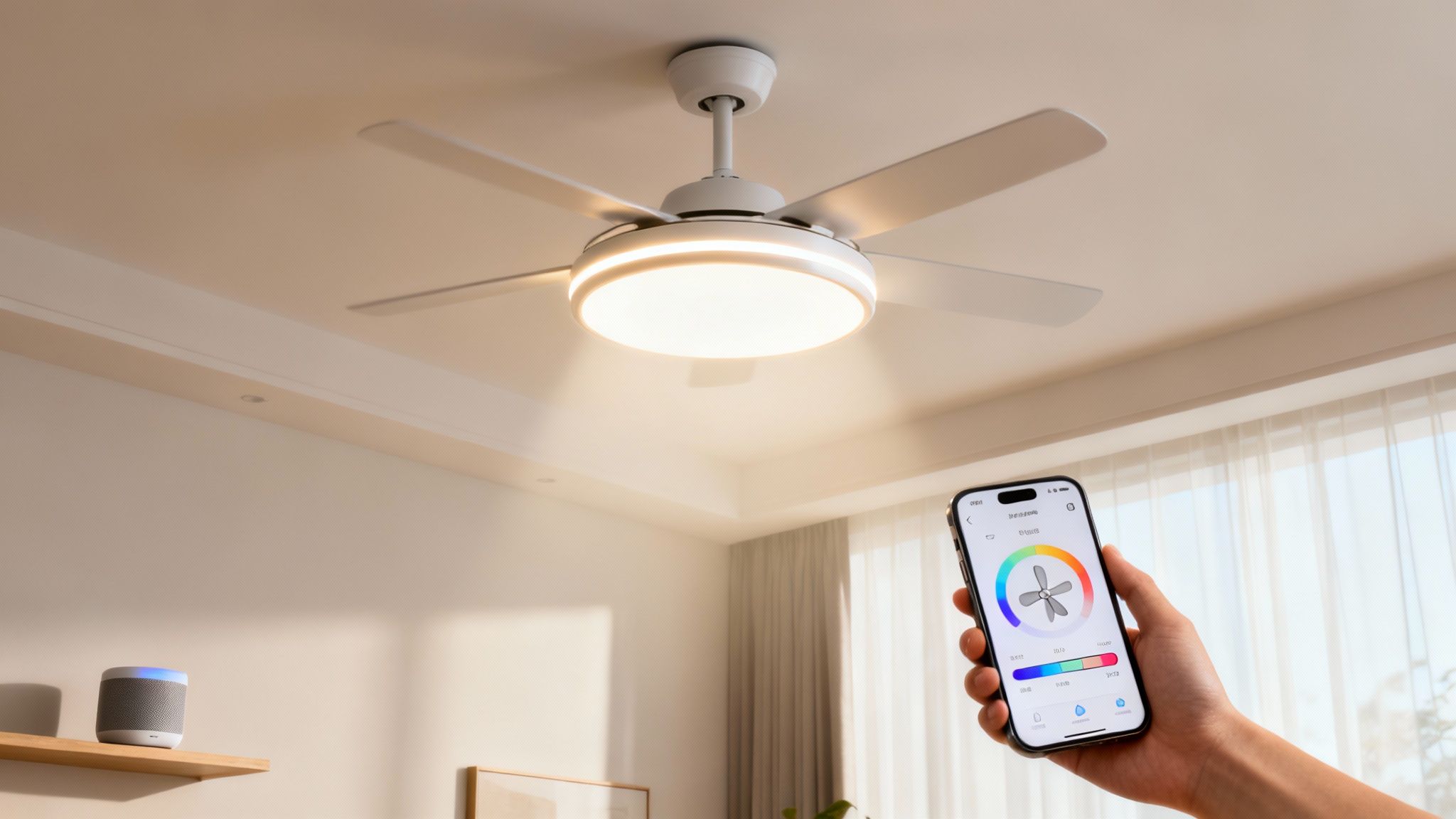 A Modern Ceiling Fan With Integrated Light In A Stylish Living Room