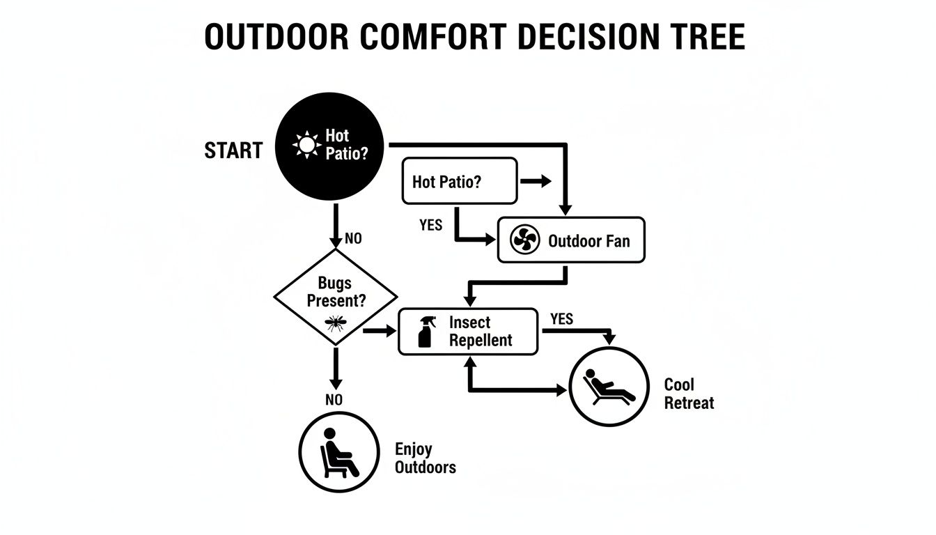 A Flowchart Outlining Decisions For Outdoor Comfort, Addressing Hot Patios And Bugs.