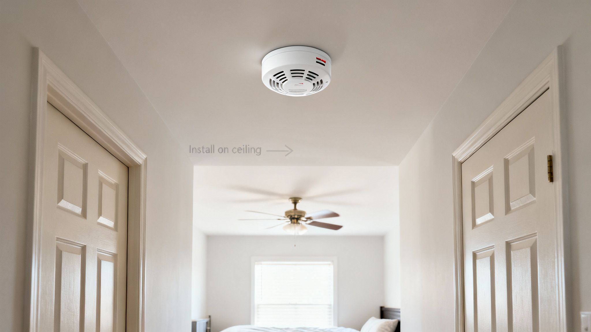 White Smoke Alarm Installed On A Ceiling In A Home Hallway With Open Doors Leading To A Bedroom.