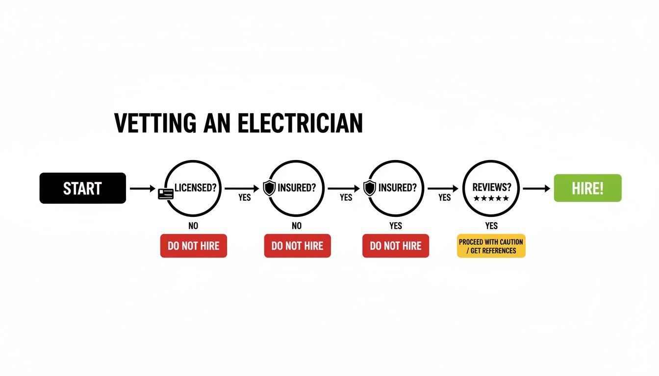 Flowchart Guiding On How To Vet An Electrician Based On Licensing, Insurance, And Customer Reviews.