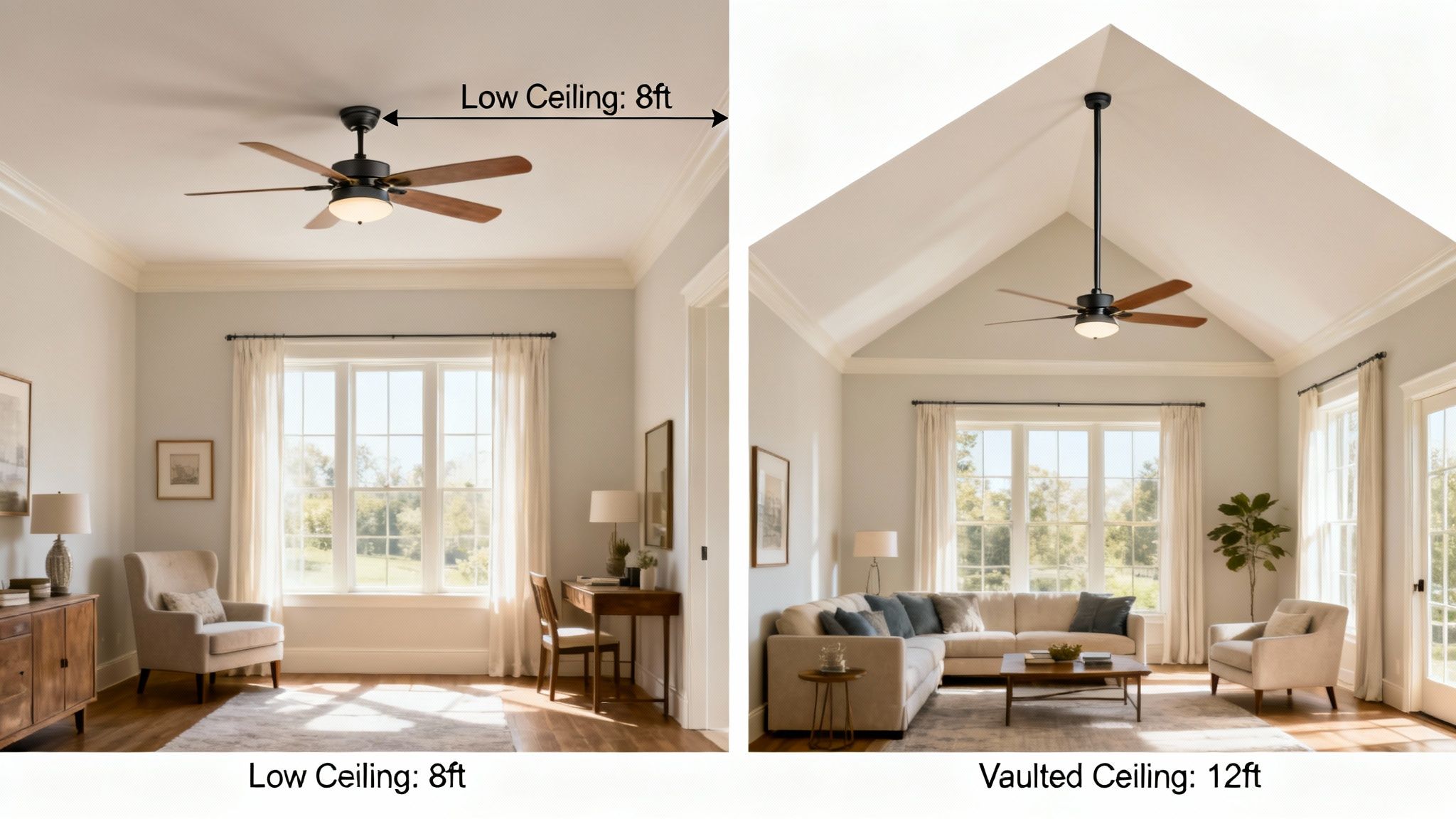 A Ceiling Fan With A Long Downrod In A Room With A High, Vaulted Ceiling.