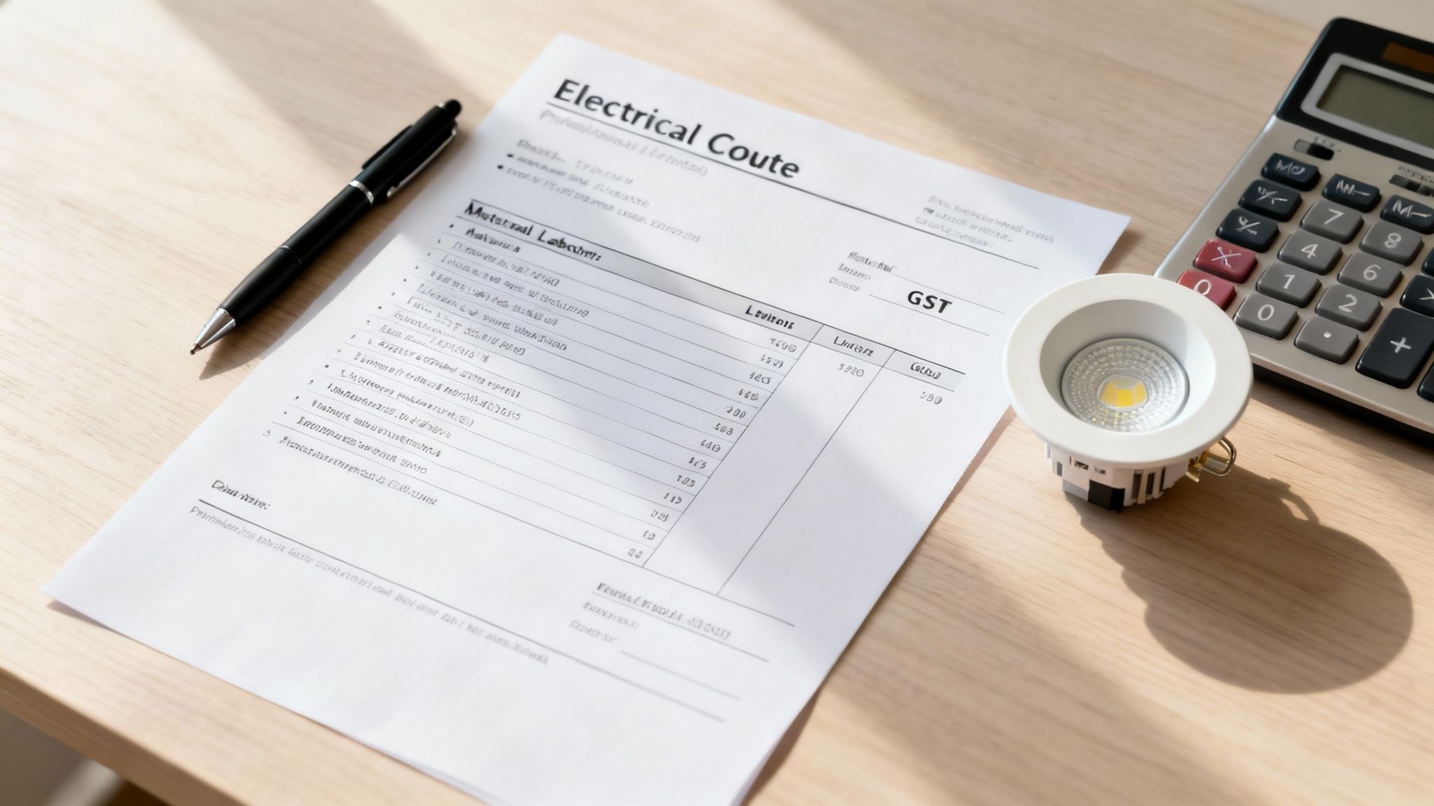 An Electrical Quote Document, Pen, Calculator, And Led Downlight On A Wooden Desk.