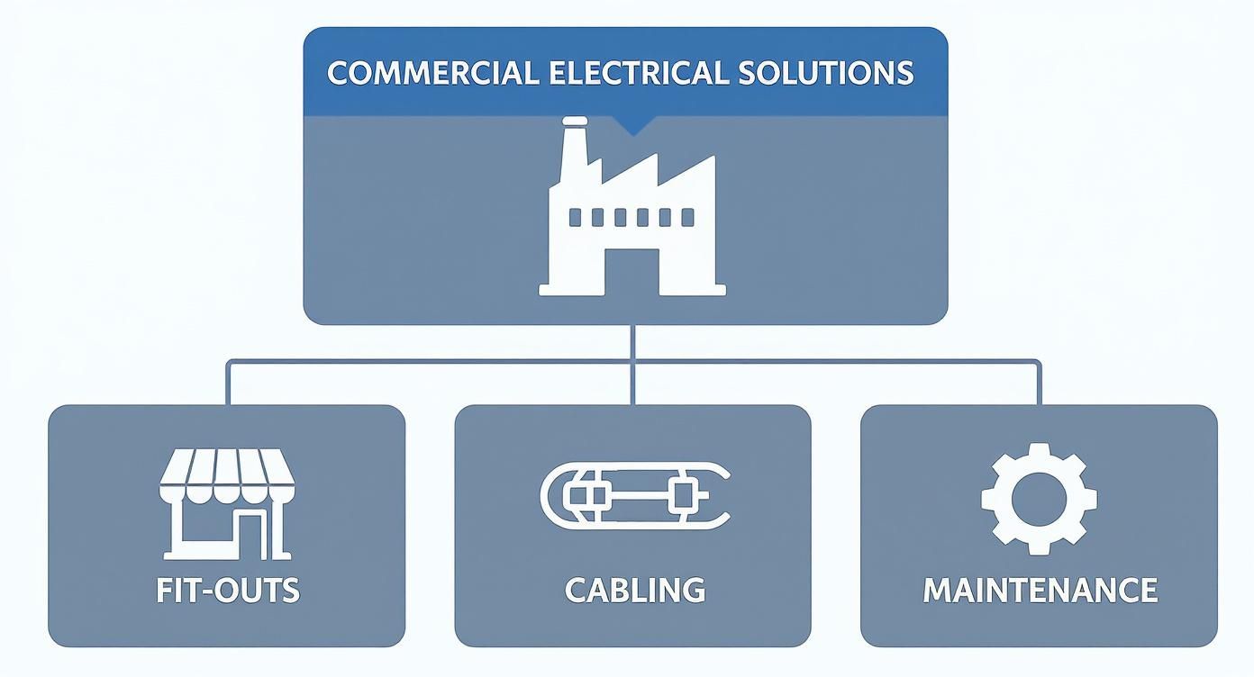 Infographic Showing Commercial Electrical Solutions, Including Fit-Outs, Cabling, And Maintenance Services.