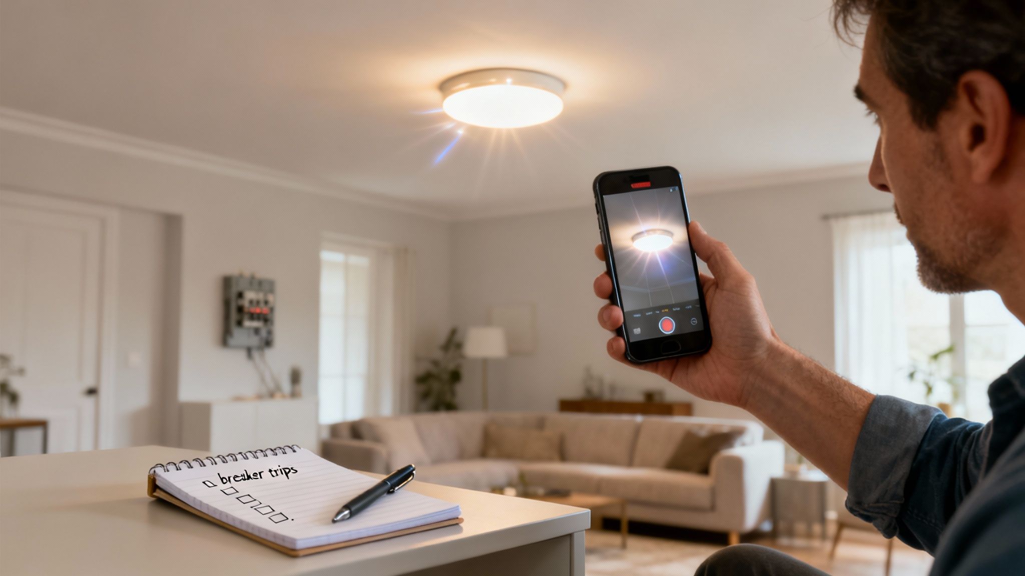 Man Records A Bright Ceiling Light With A Phone, Troubleshooting Home Electrical Issues With A Notebook.