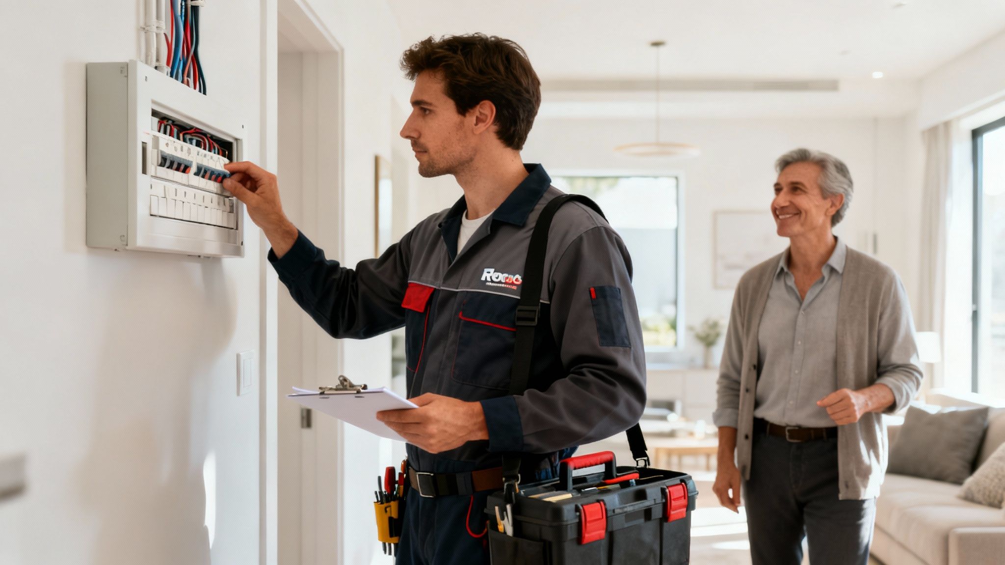 A Male Electrician In Uniform Inspects A Circuit Breaker In A Home, Observed By A Smiling Client.