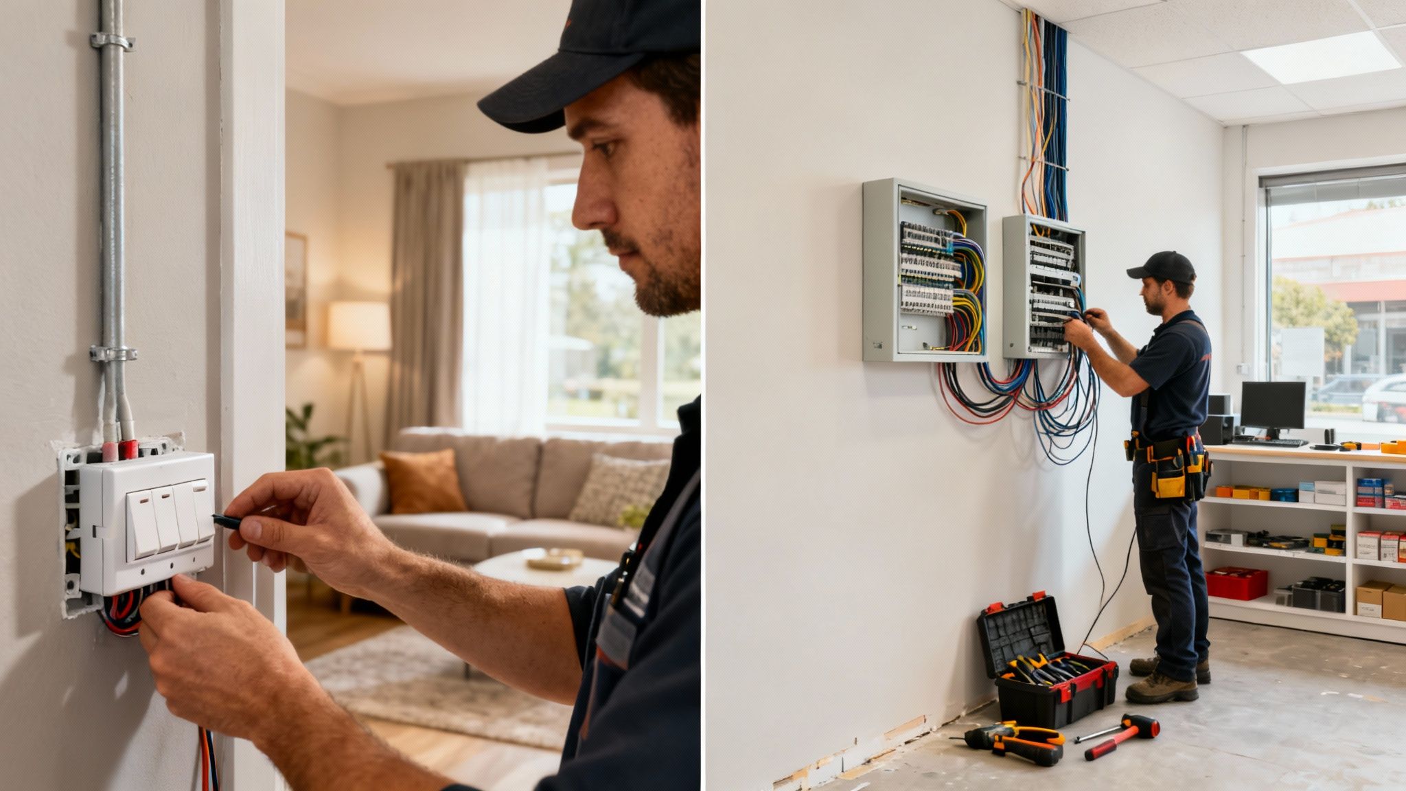 An Electrician Installs A Light Switch And Works On Electrical Panels, Demonstrating Electrical Wiring Expertise.