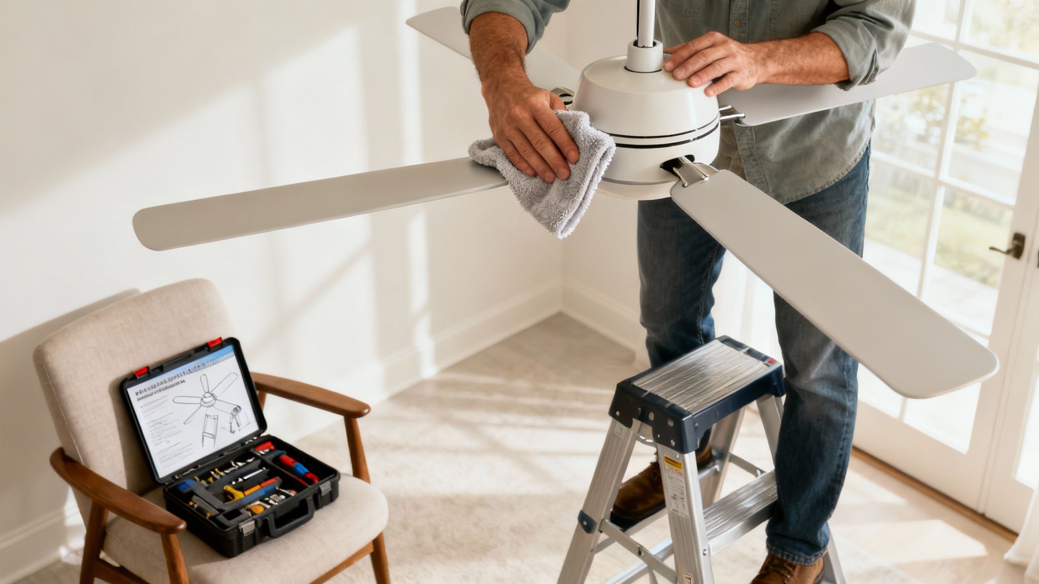 A Person Carefully Cleaning The Blades Of A Ceiling Fan.