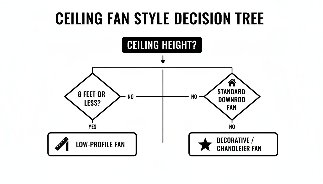 A Ceiling Fan Style Decision Tree Flowchart, Guiding Selection Based On Ceiling Height To Choose Low-Profile, Standard Downrod, Or Decorative/Chandelier Fans.